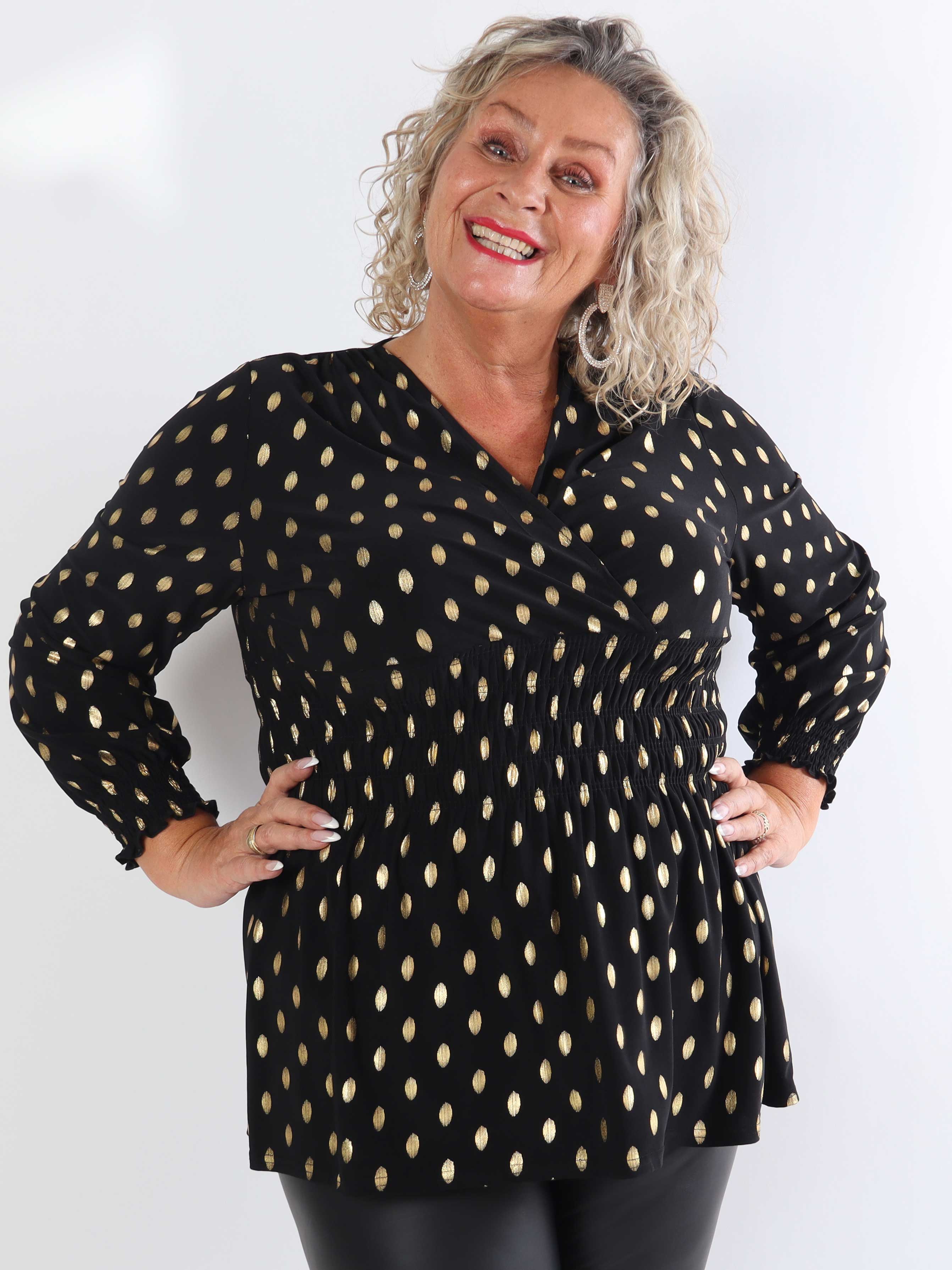 Pams Gold Dot Shirt L/S - Elastisk plus size bluse i krølfrit stof