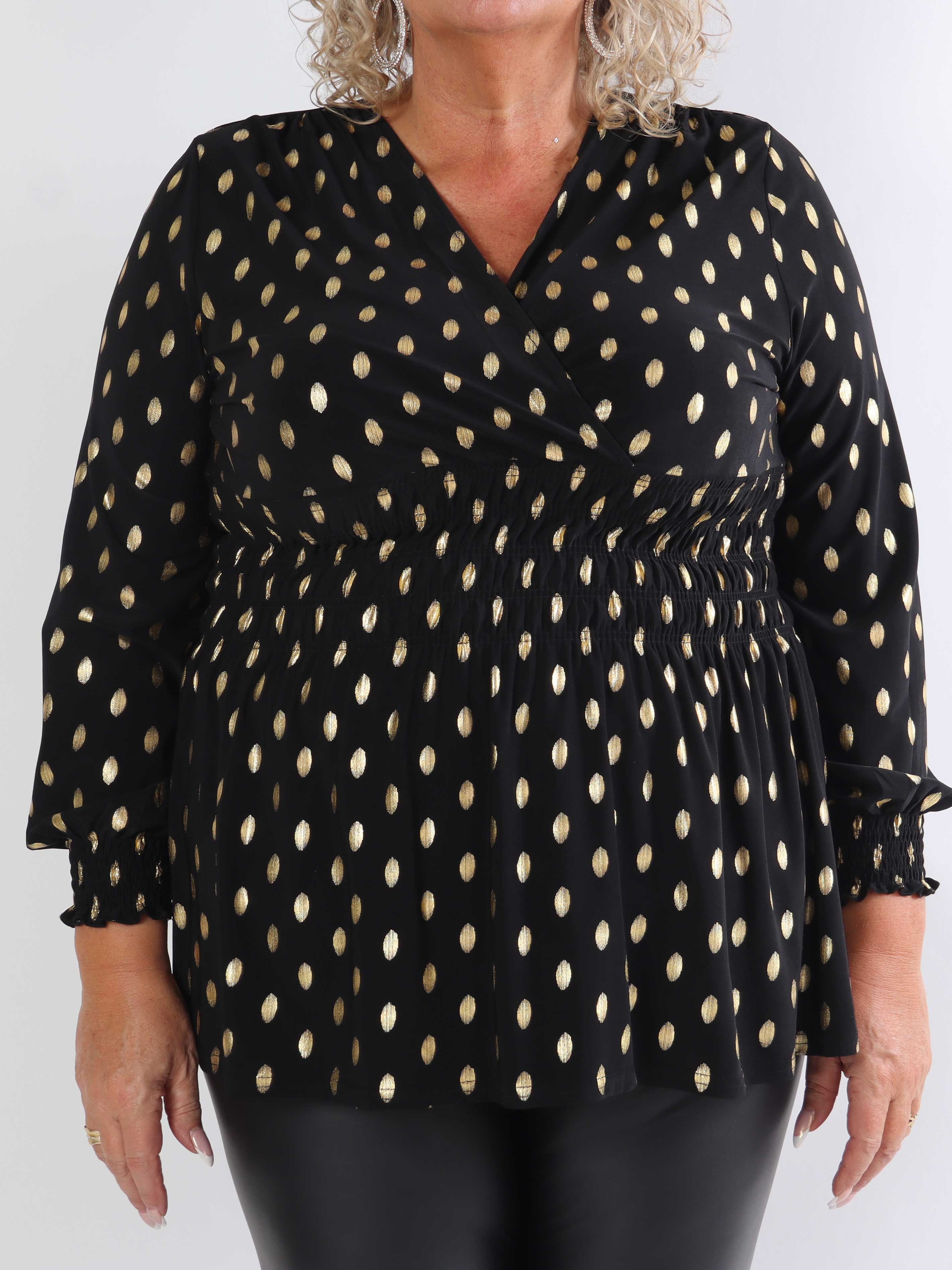 Pams Gold Dot Shirt L/S - Elastisk plus size bluse i krølfrit stof