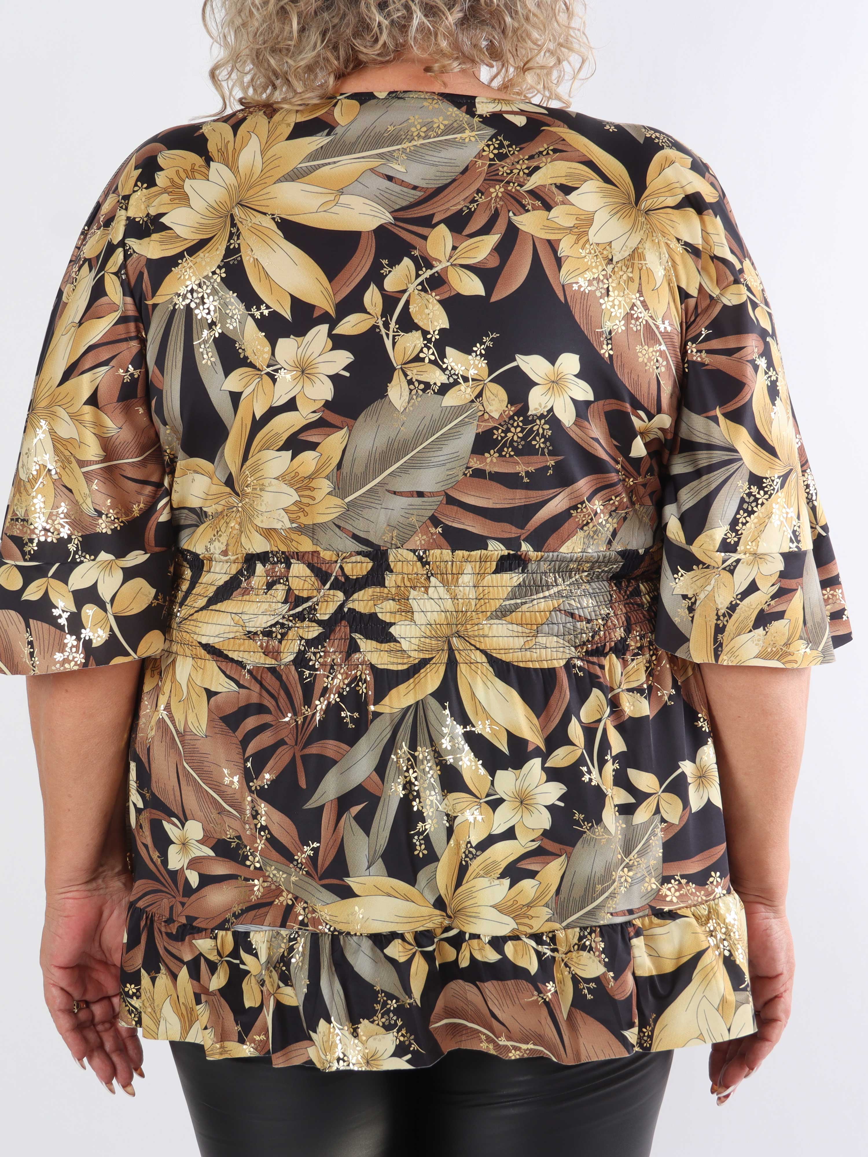 Pamela Gold Flower Shirt - Sød plus size tunika med smock og flæser