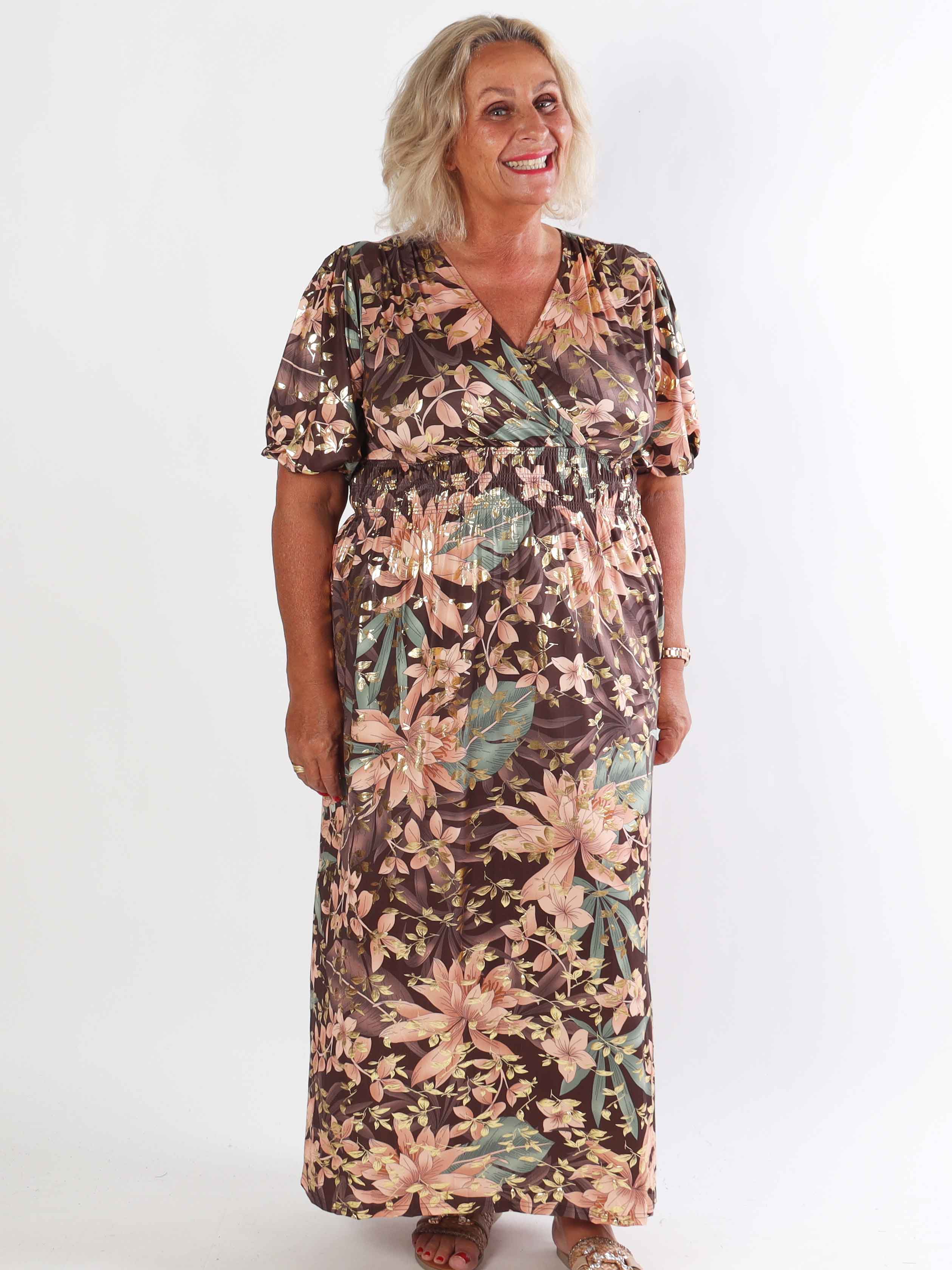 Pamina Leaf - Lang elastisk plus size kjole med blad motiver