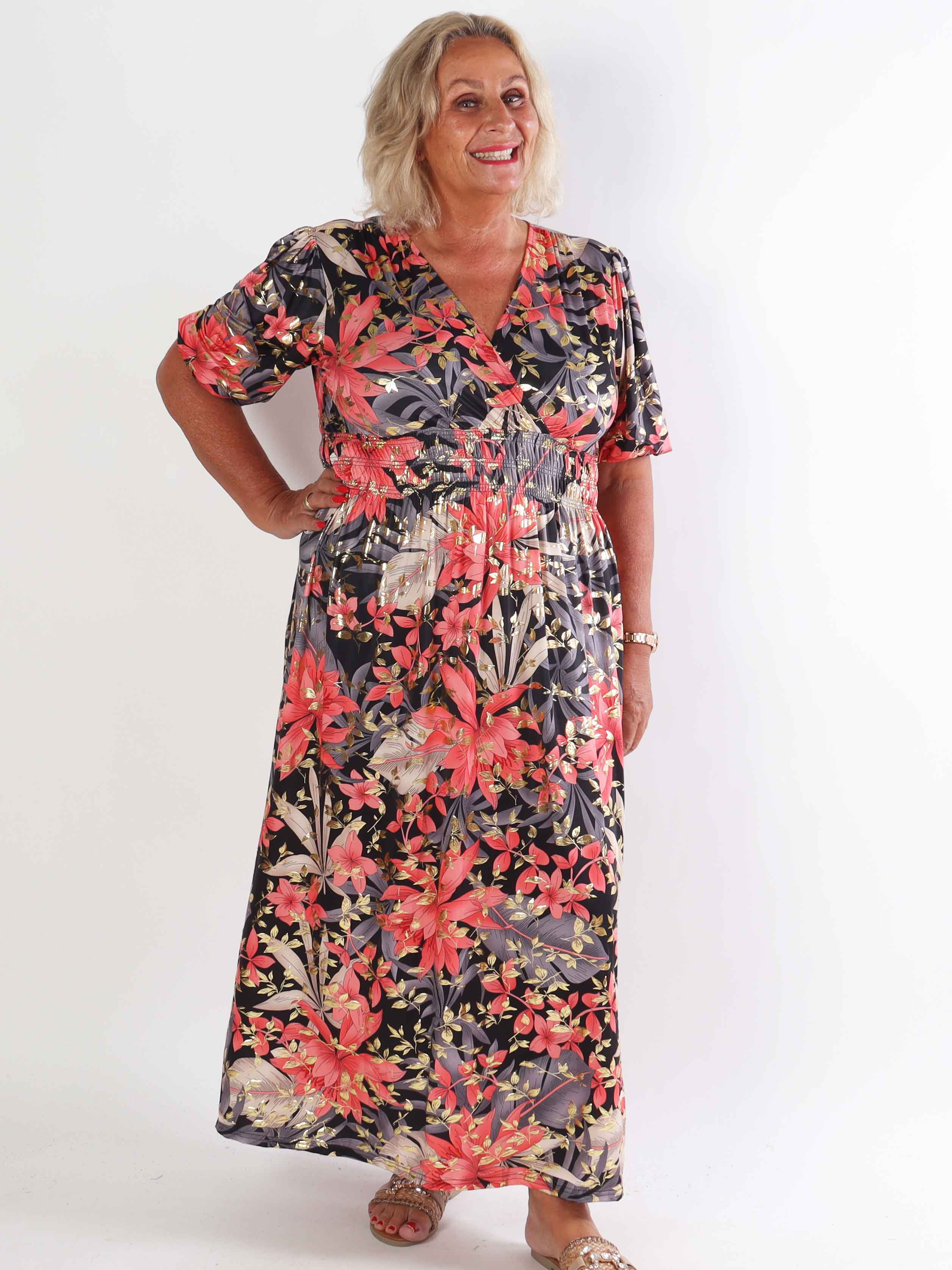Pamina Leaf - Lang elastisk plus size kjole med blad motiver