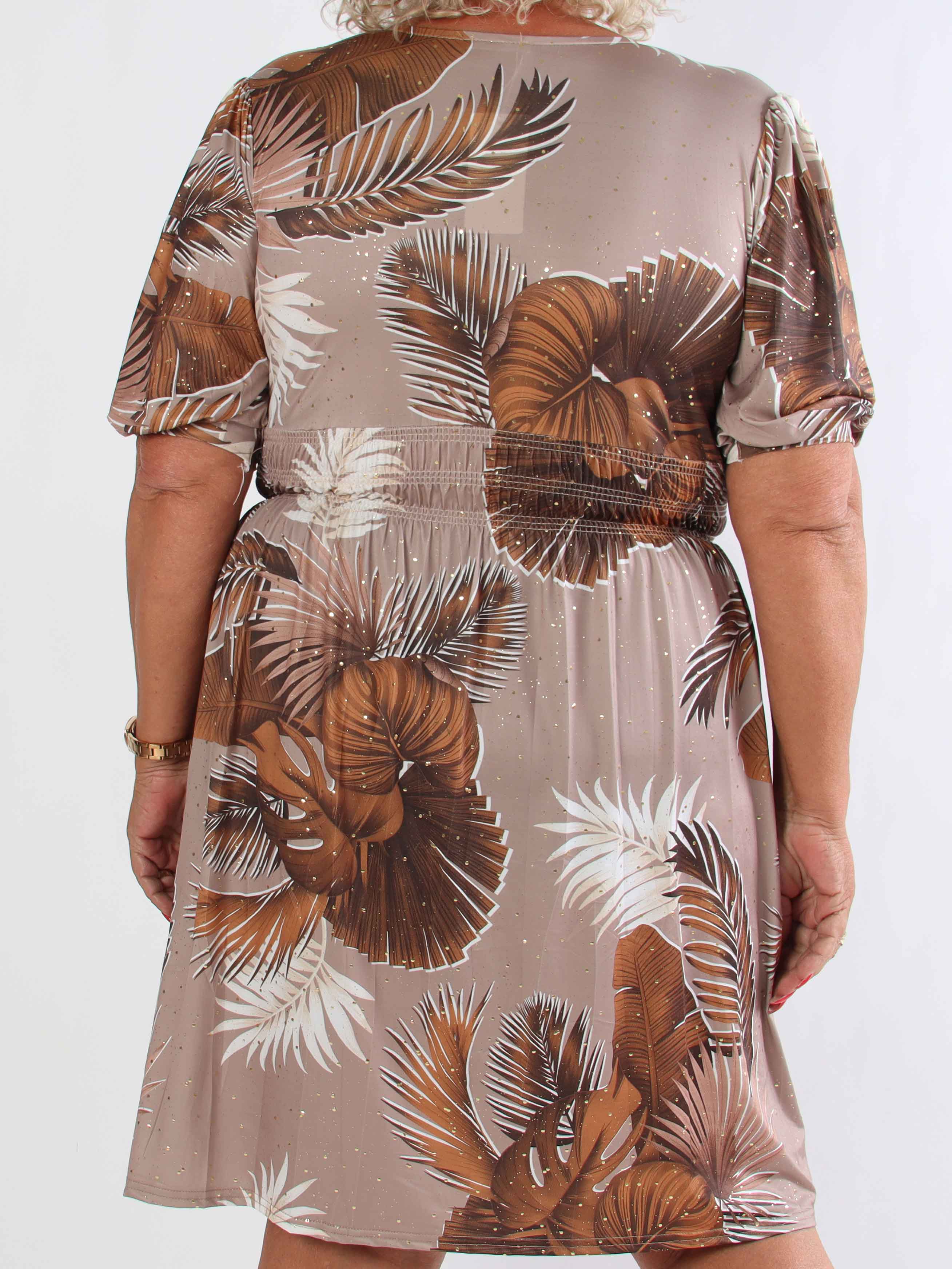 Pamina Palm Short - Elastisk plus size kjole med blad motiver og guld støv