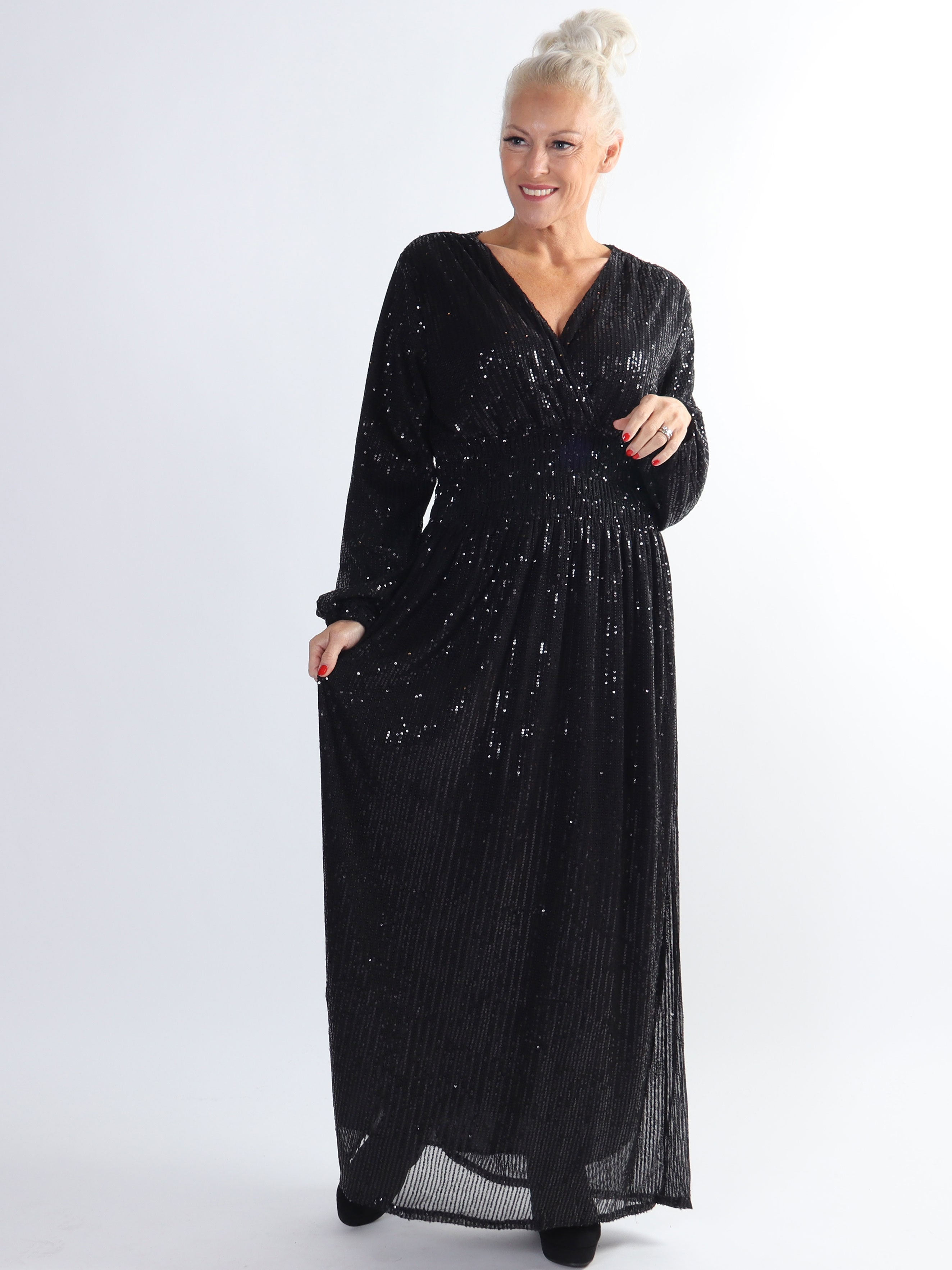 Pams Glitter L/S - Lang smuk plus size kjole med pailletter