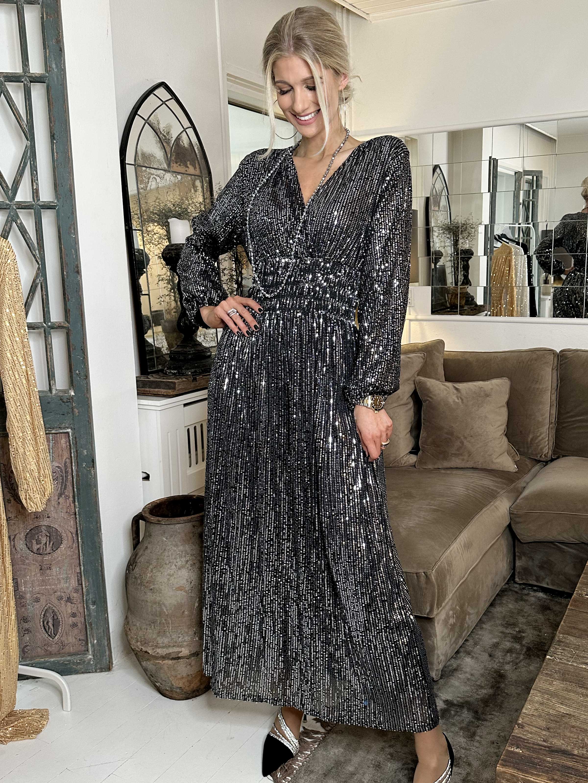 Pams Glitter L/S - Lang smuk kjole med pailletter