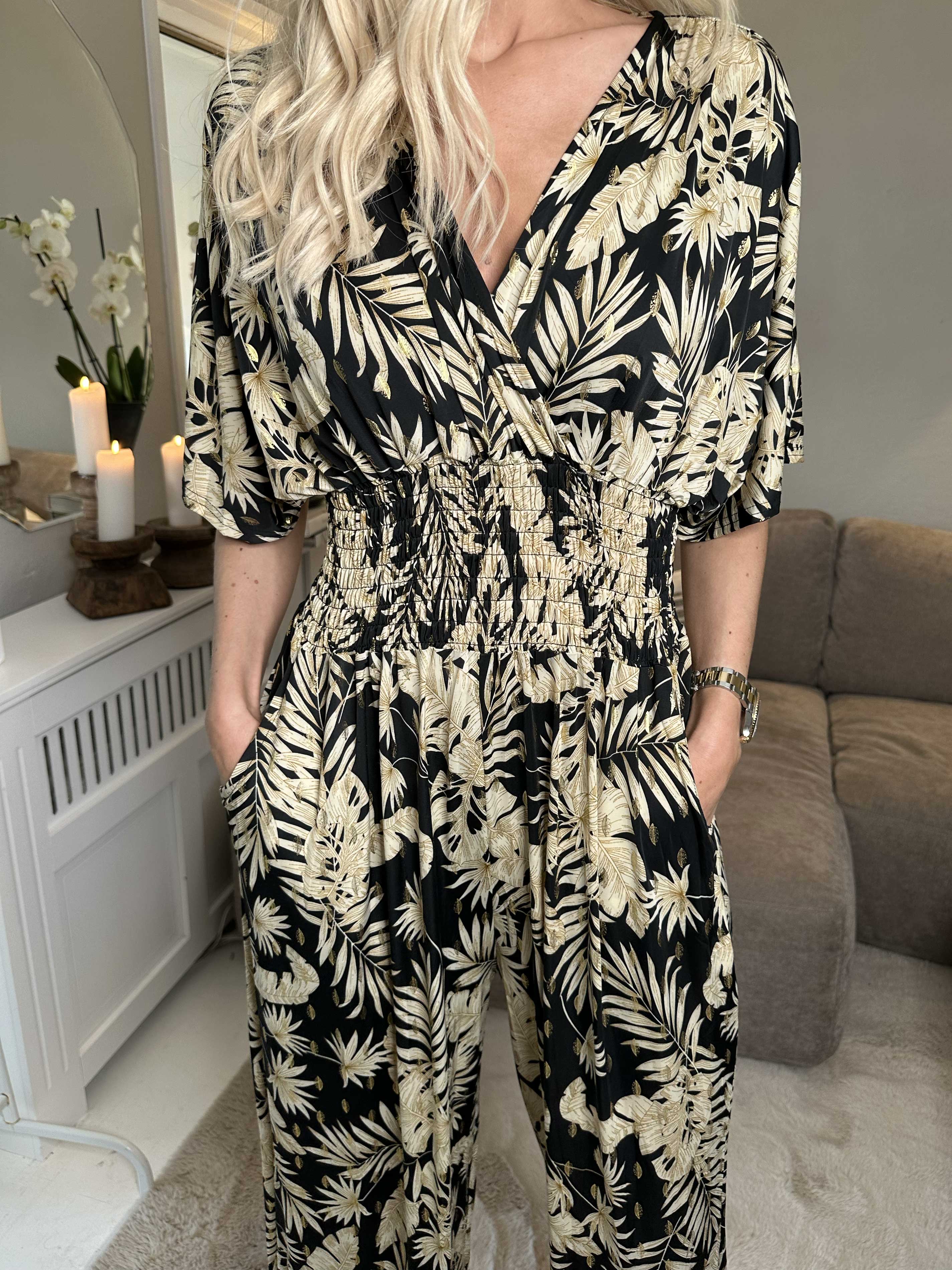Pams Gold Leaf Jumpsuit - Elastisk buksedragt med bladmønster