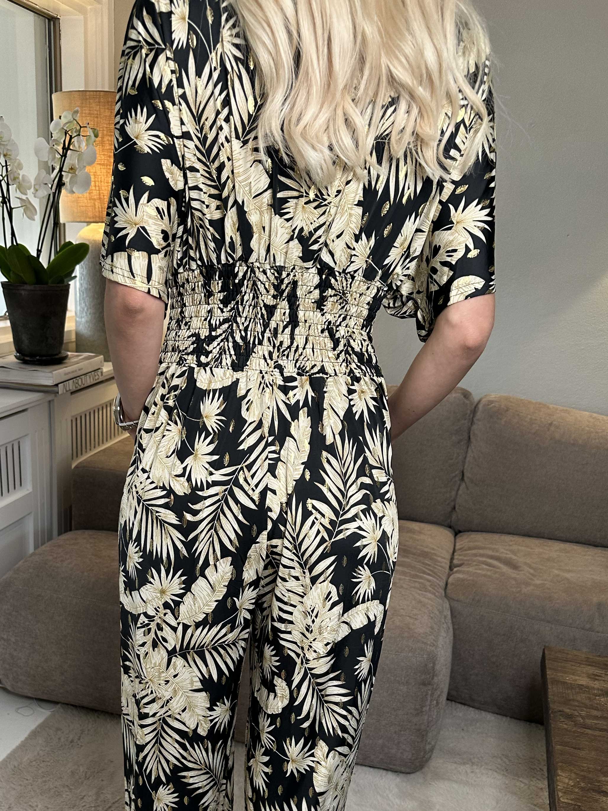 Pams Gold Leaf Jumpsuit - Elastisk buksedragt med bladmønster