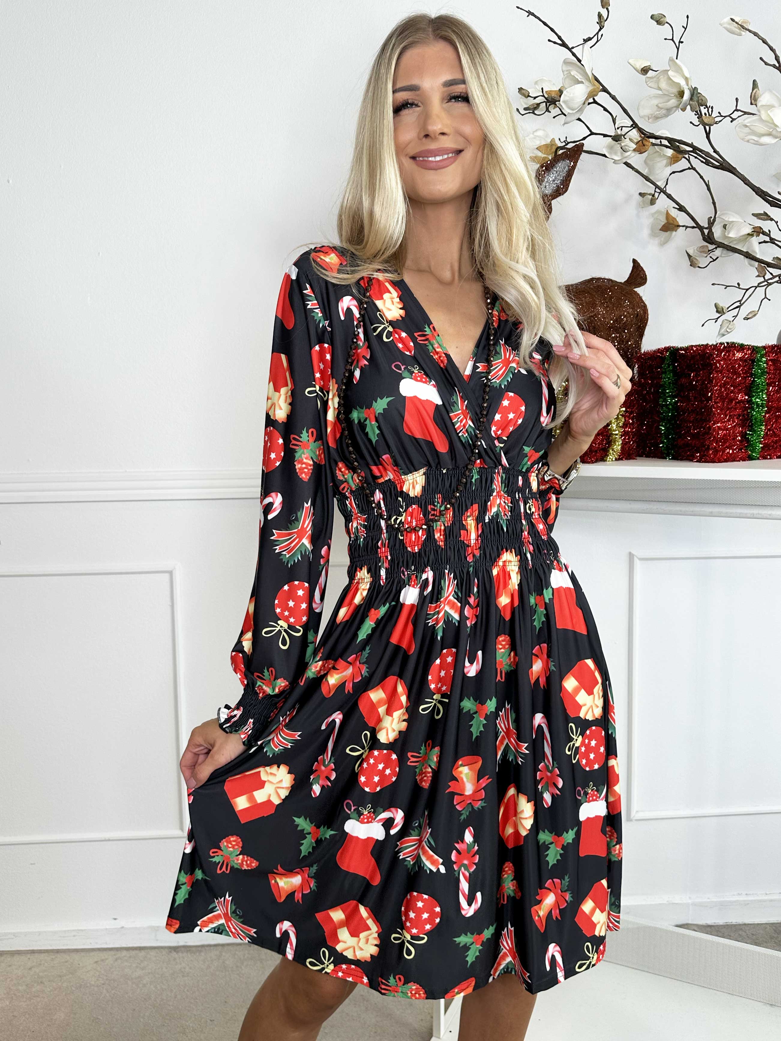 Pams Holiday Short L/S - Elastisk kjole med julemotiver