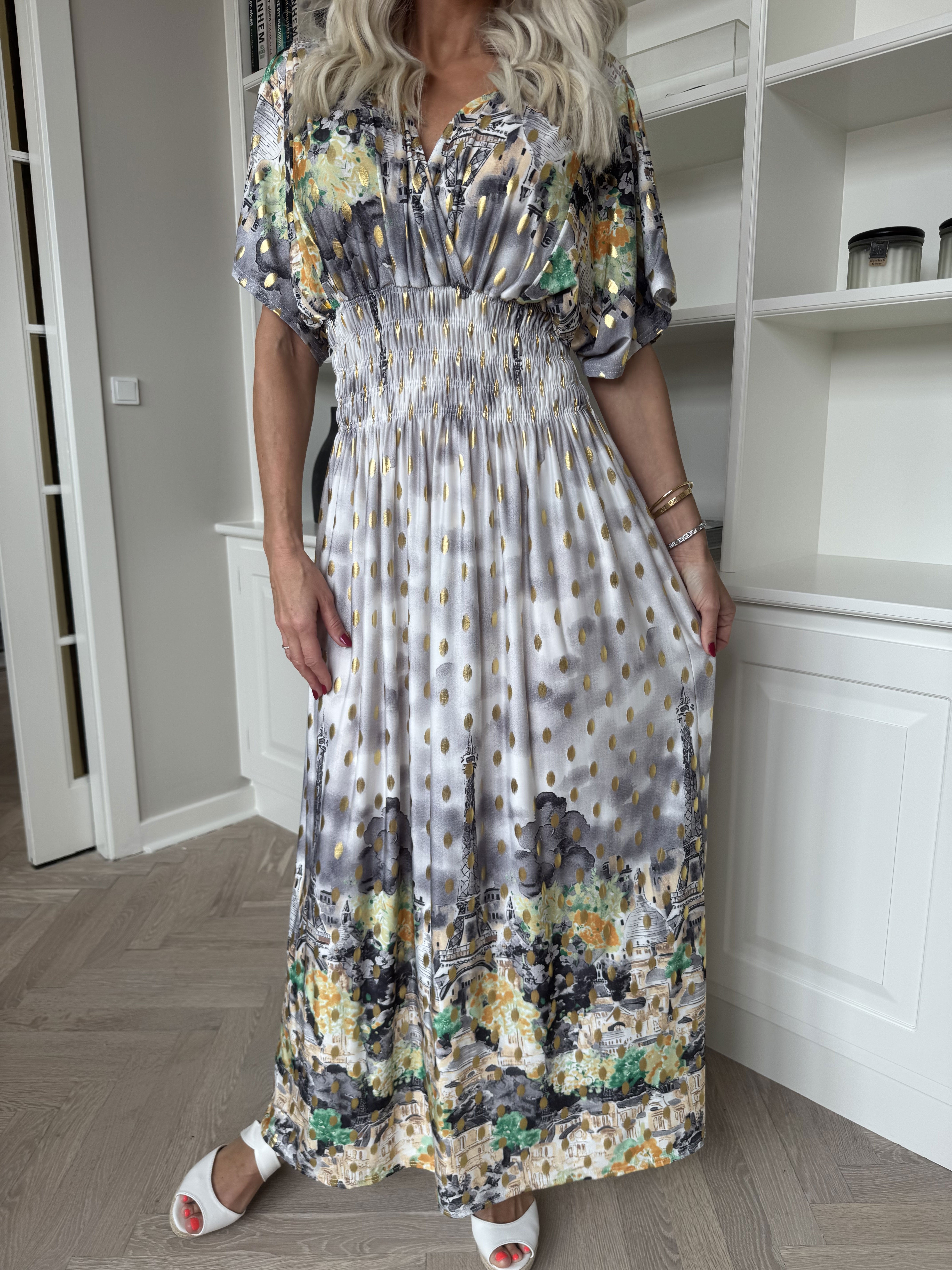 Pams Paris - Lang elastisk mønstret kjole med guld dutter