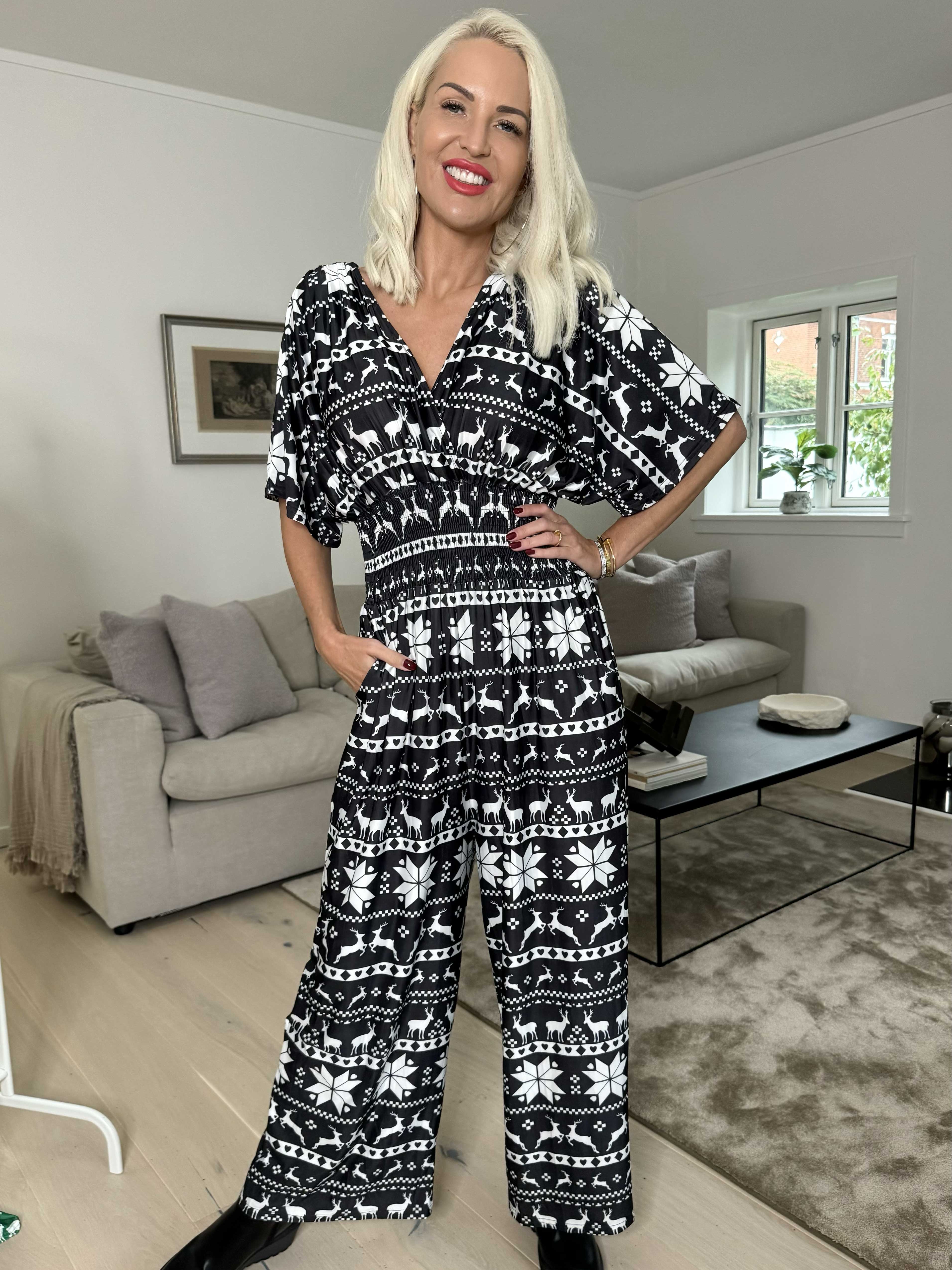 Pams Snow Jumpsuit - Elastisk buksedragt med juleprint