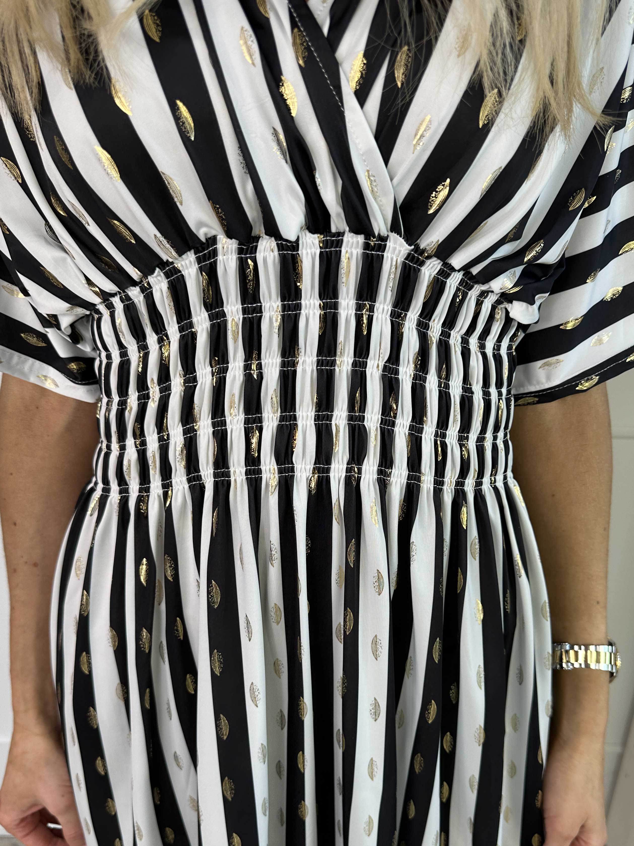 Pams Stripe Short - Stribet elastisk kjole med guld detaljer