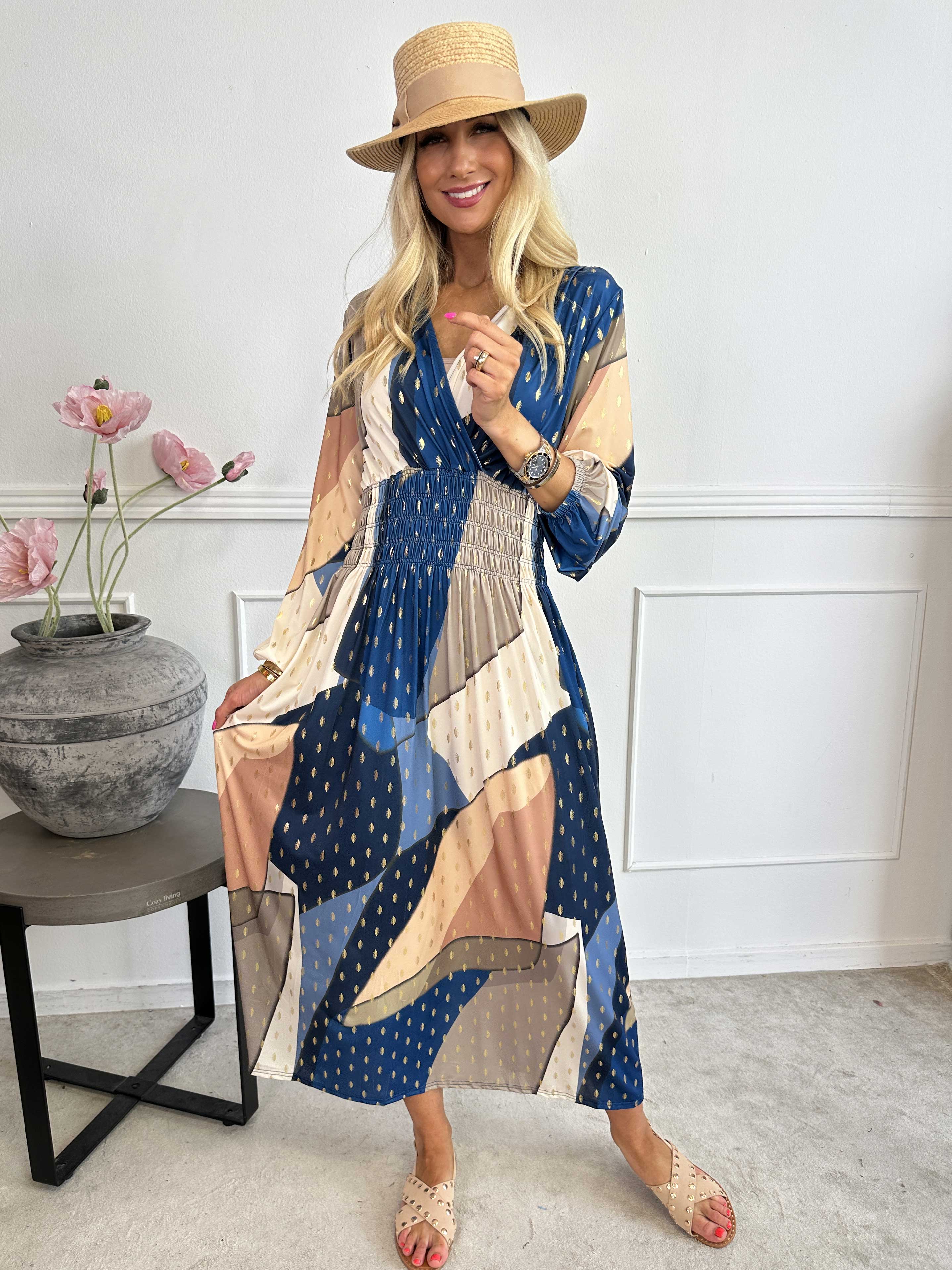 Pams Abstract L/S - Elastisk flerfarvet lang kjole med guld detaljer