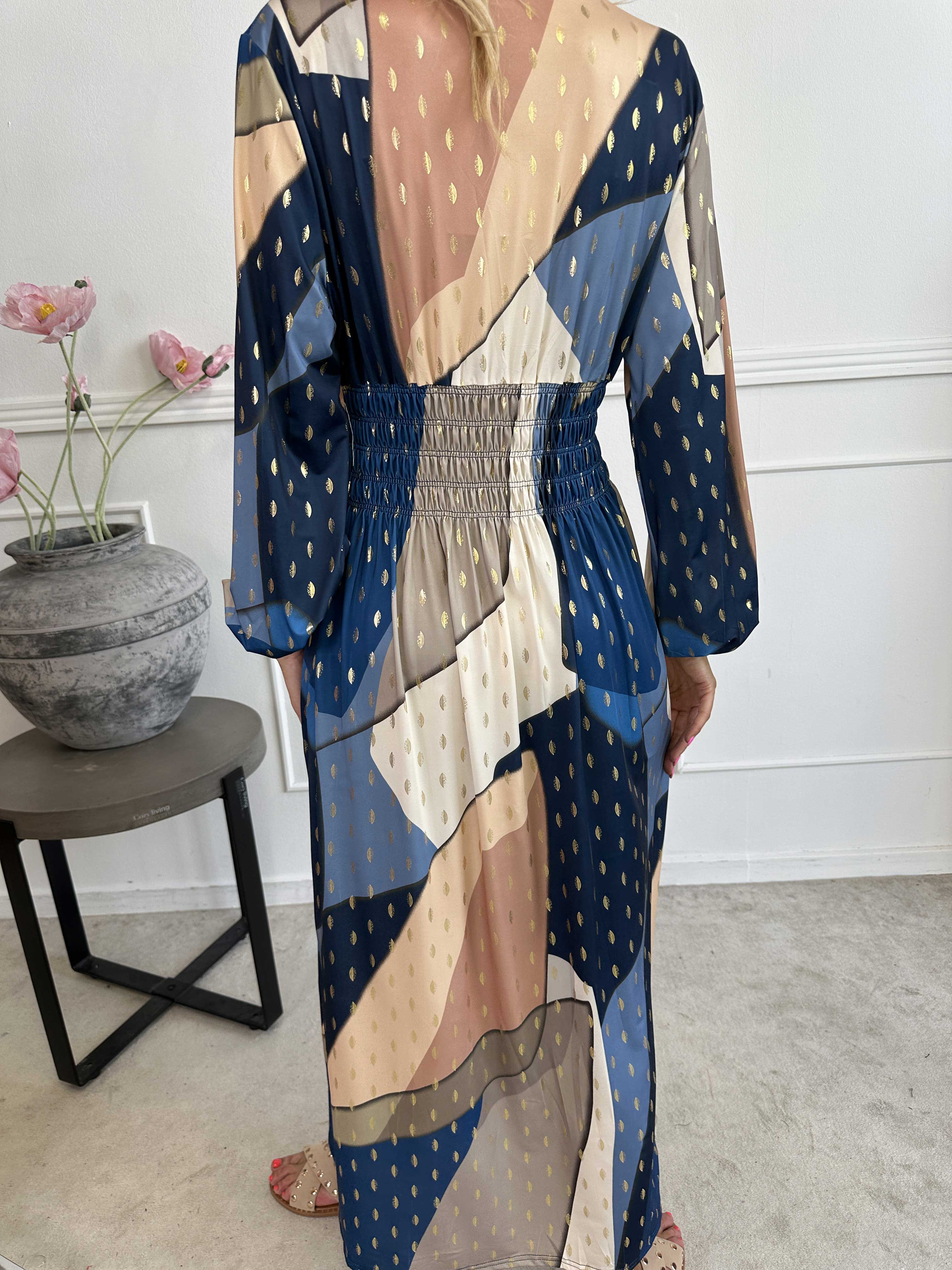 Pams Abstract L/S - Elastisk flerfarvet lang kjole med guld detaljer