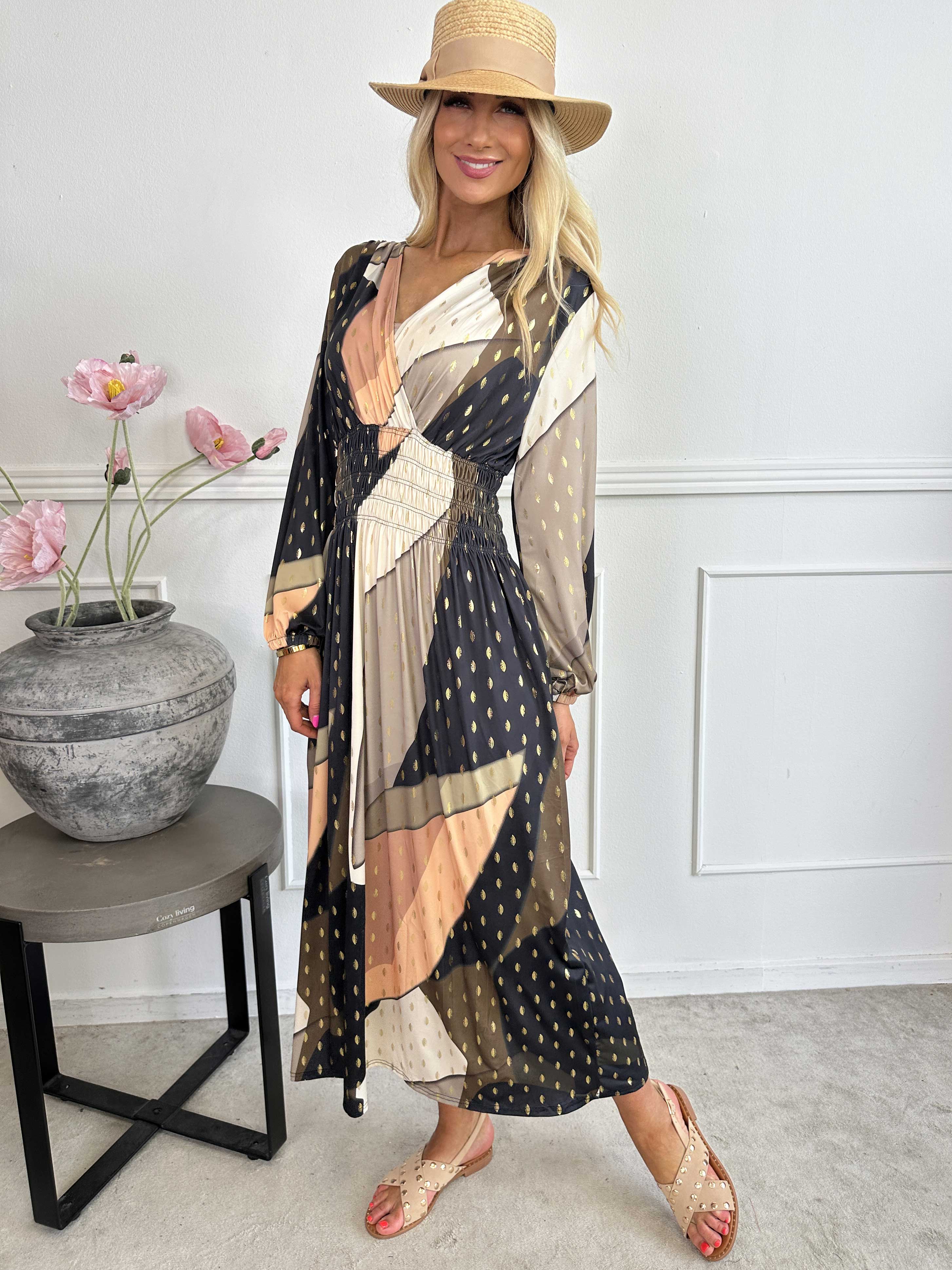 Pams Abstract L/S - Elastisk flerfarvet lang kjole med guld detaljer