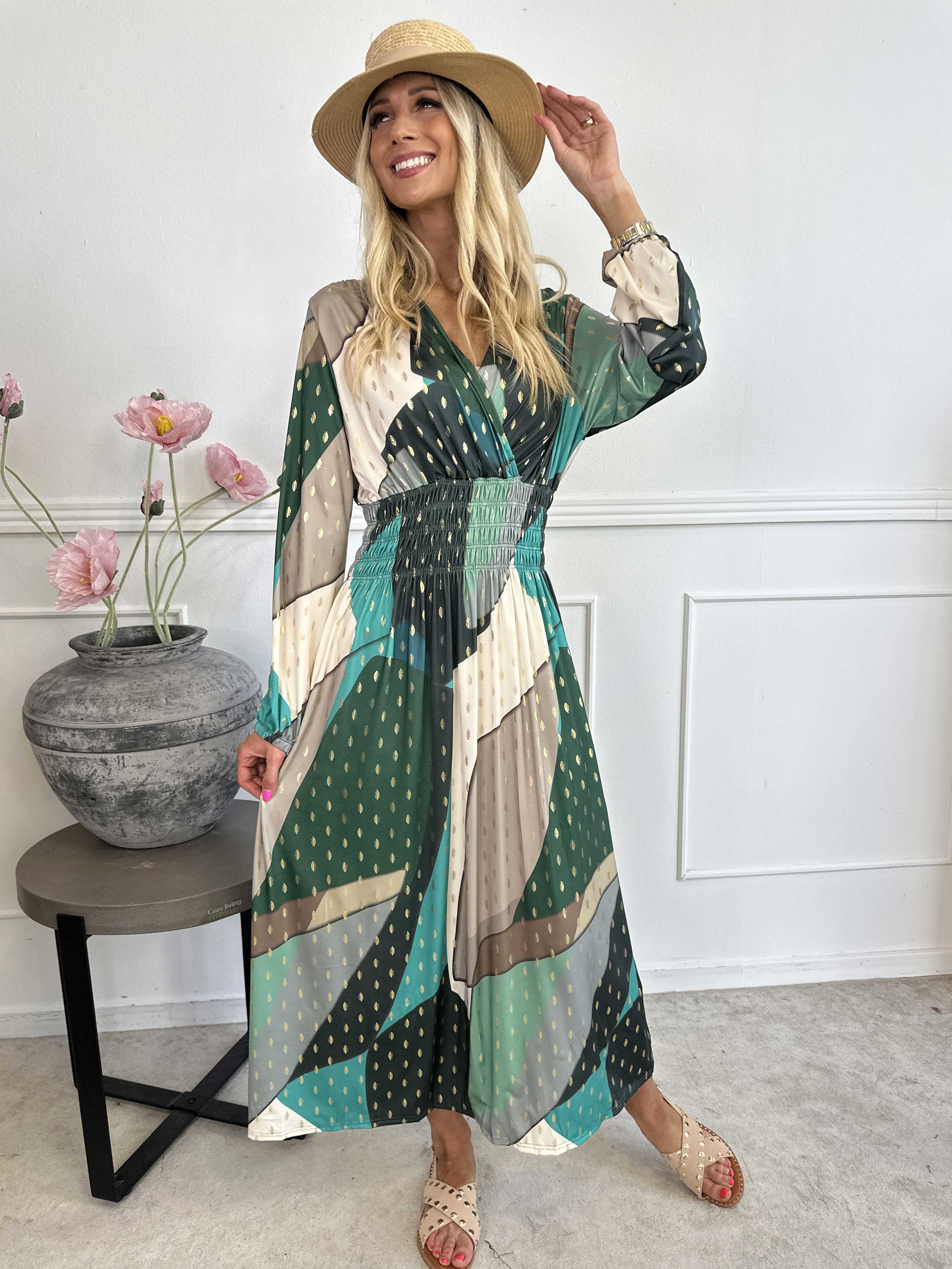 Pams Abstract L/S - Elastisk flerfarvet lang kjole med guld detaljer