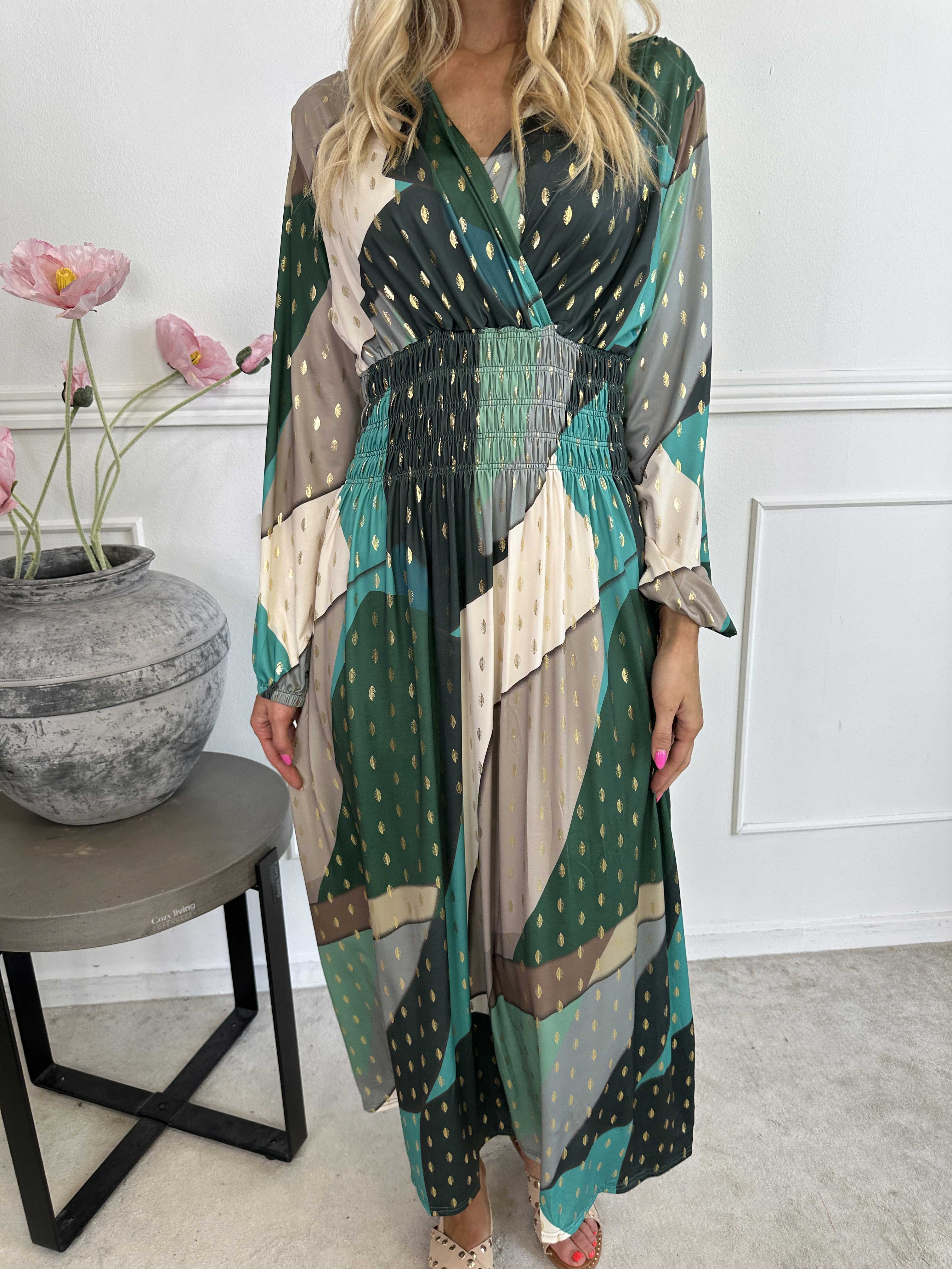 Pams Abstract L/S - Elastisk flerfarvet lang kjole med guld detaljer