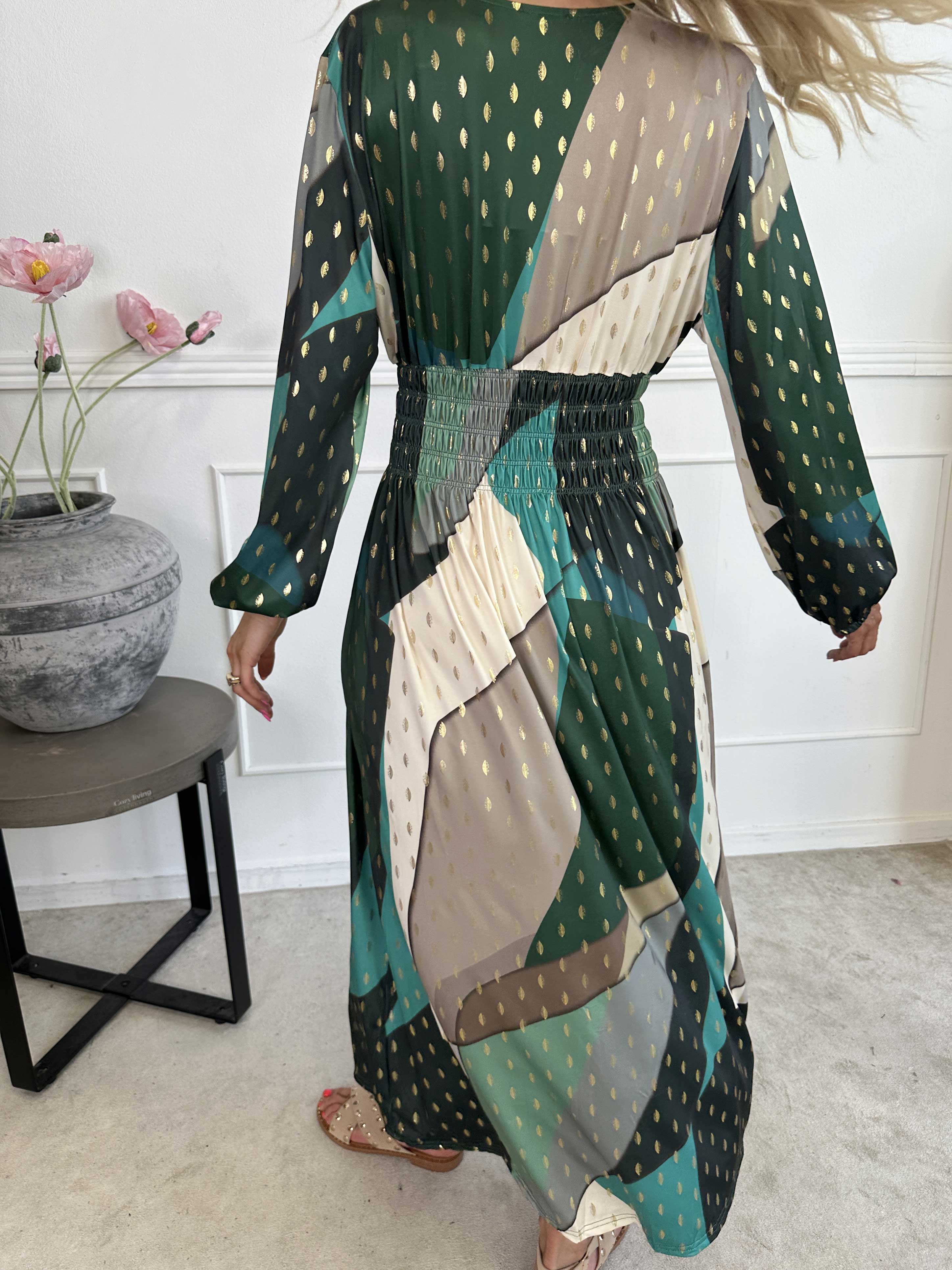 Pams Abstract L/S - Elastisk flerfarvet lang kjole med guld detaljer