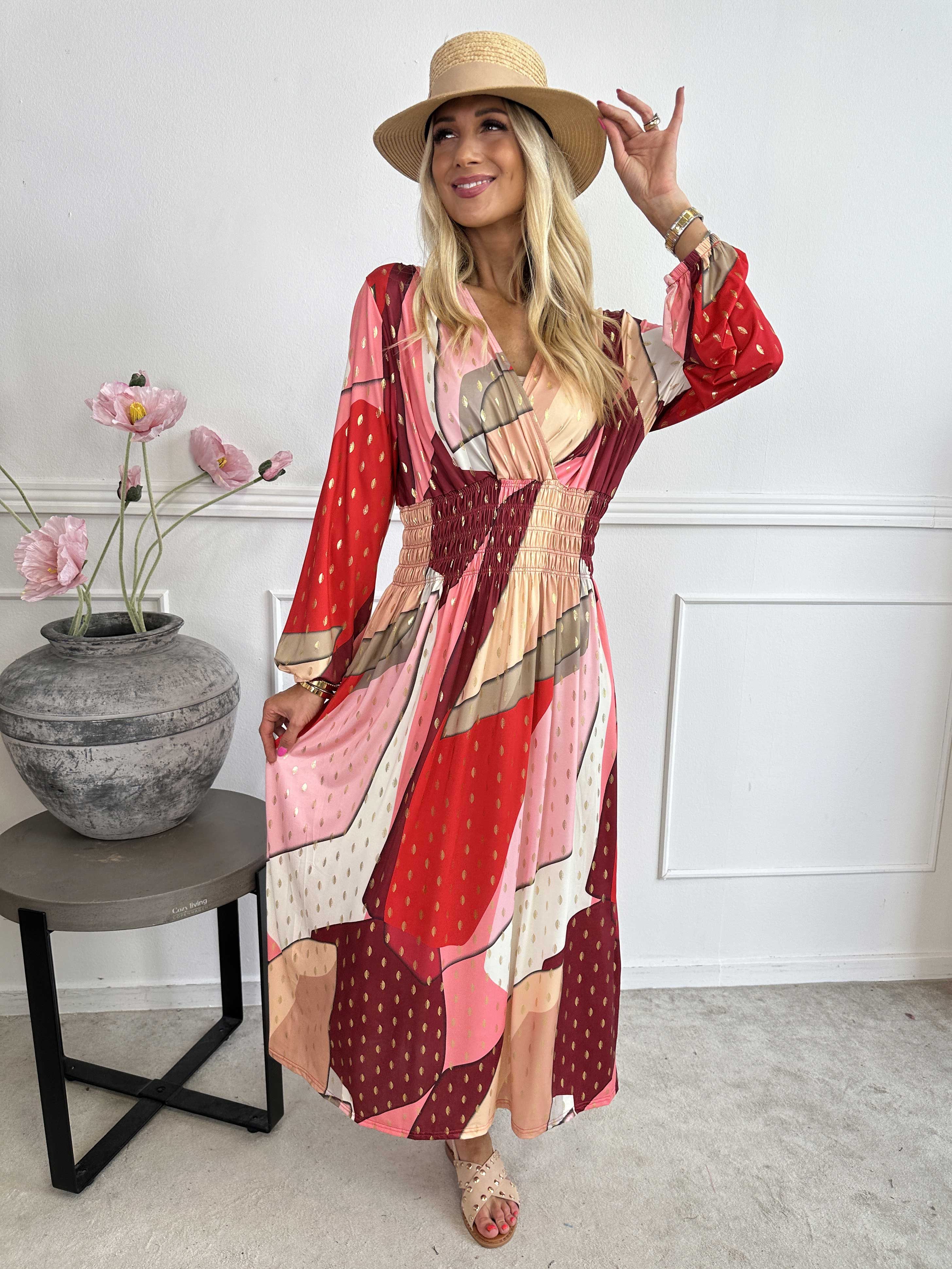 Pams Abstract L/S - Elastisk flerfarvet lang kjole med guld detaljer