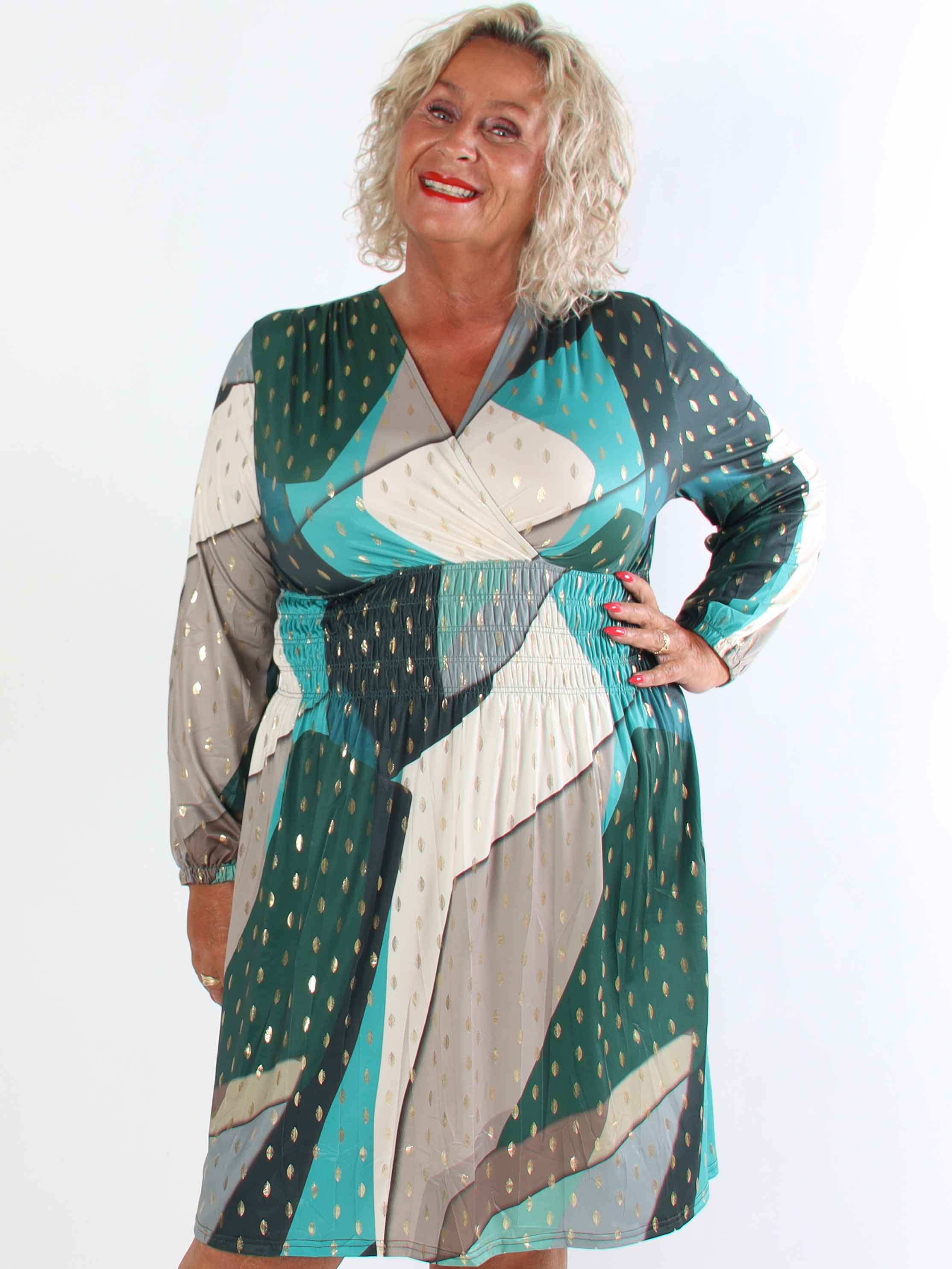 Pams Abstract Short L/S - Elastisk flerfarvet plus size kjole med guld detaljer