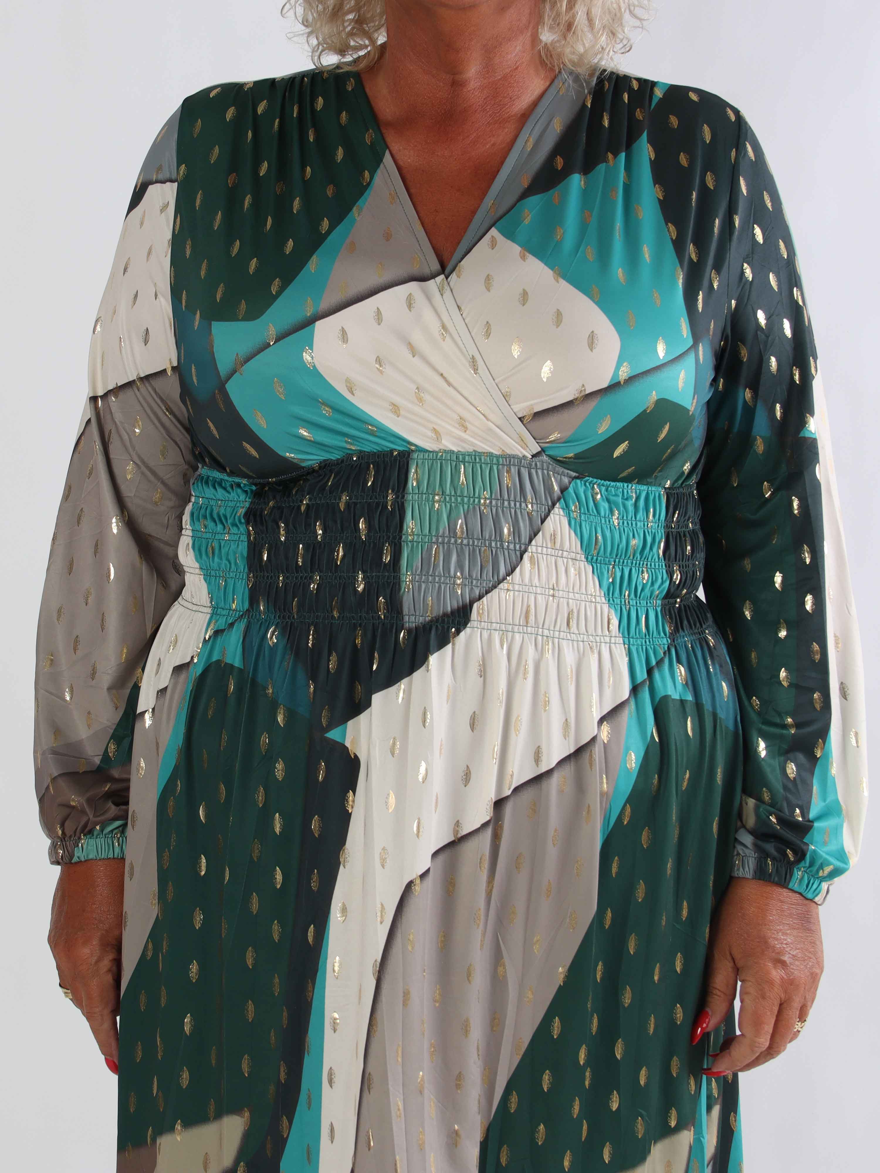 Pams Abstract Short L/S - Elastisk flerfarvet plus size kjole med guld detaljer