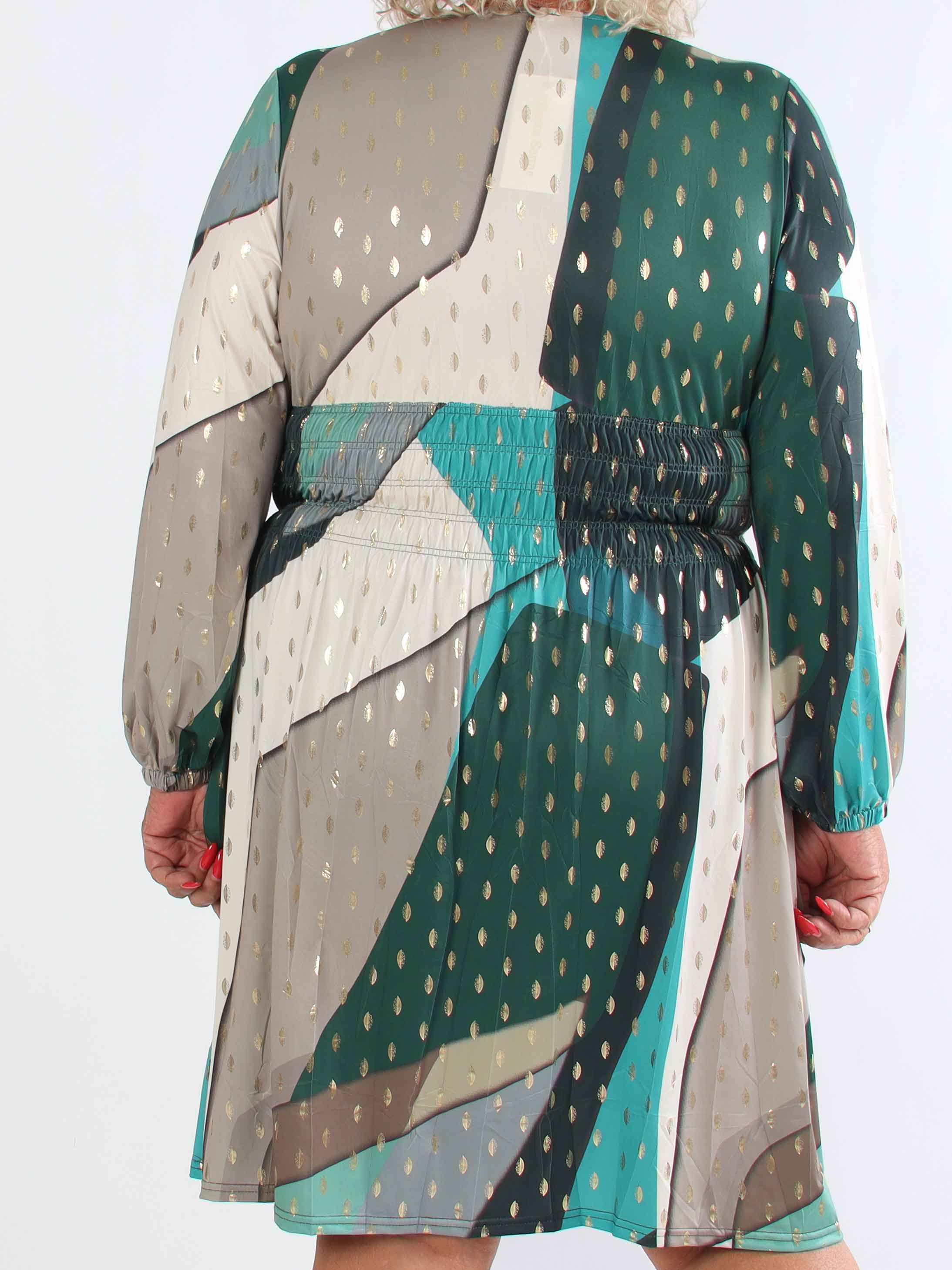 Pams Abstract Short L/S - Elastisk flerfarvet plus size kjole med guld detaljer