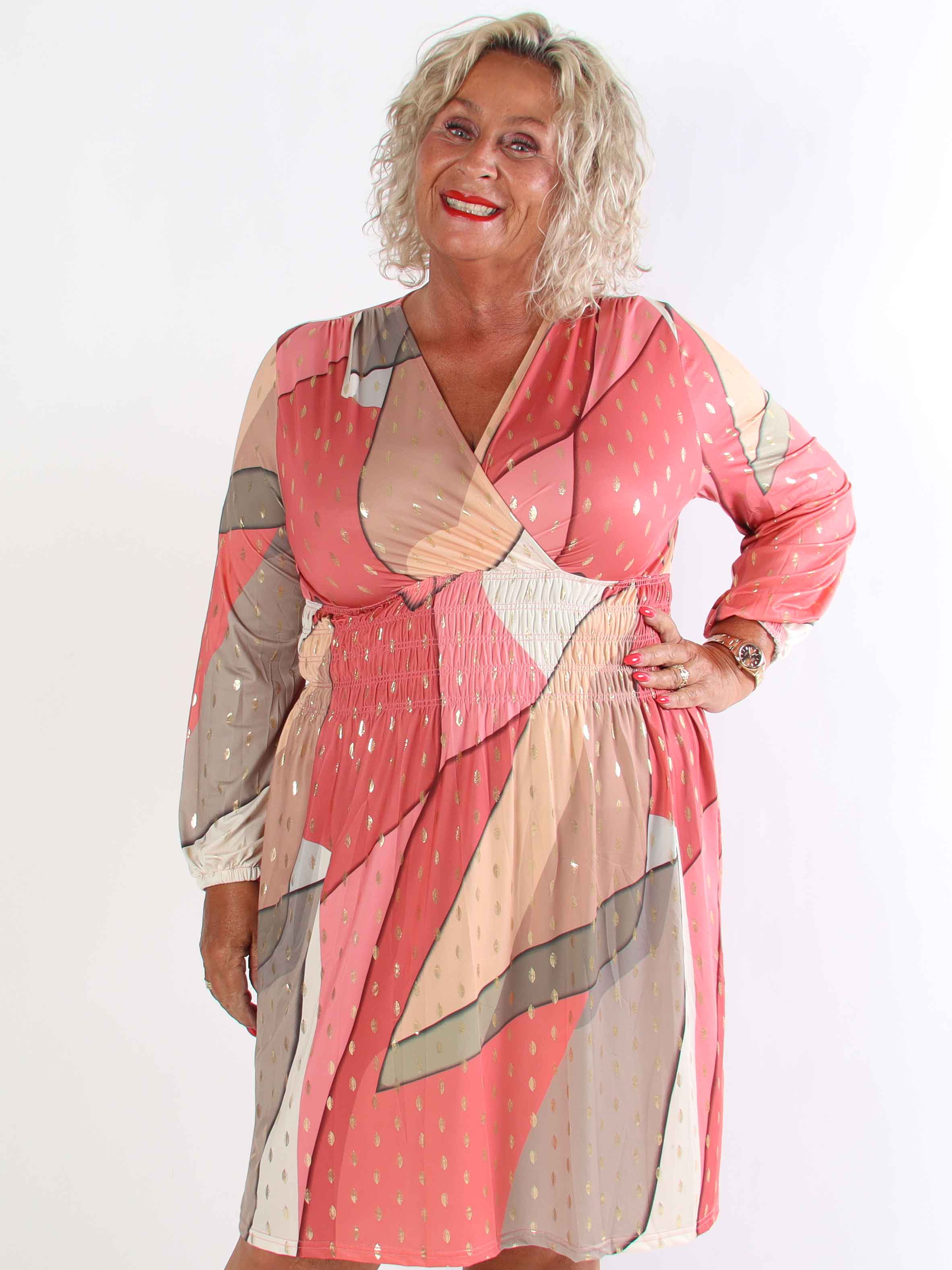 Pams Abstract Short L/S - Elastisk flerfarvet plus size kjole med guld detaljer