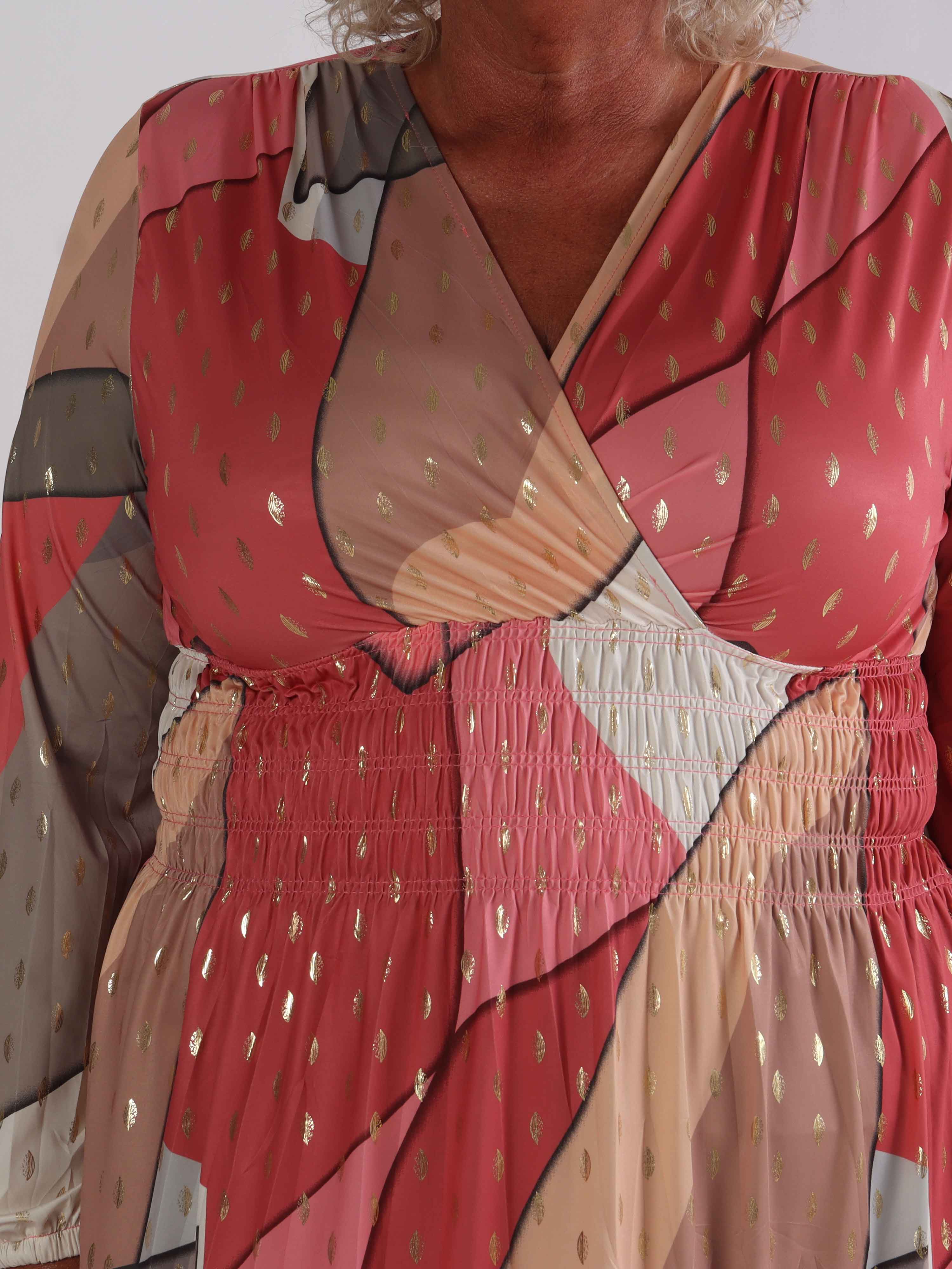 Pams Abstract Short L/S - Elastisk flerfarvet plus size kjole med guld detaljer