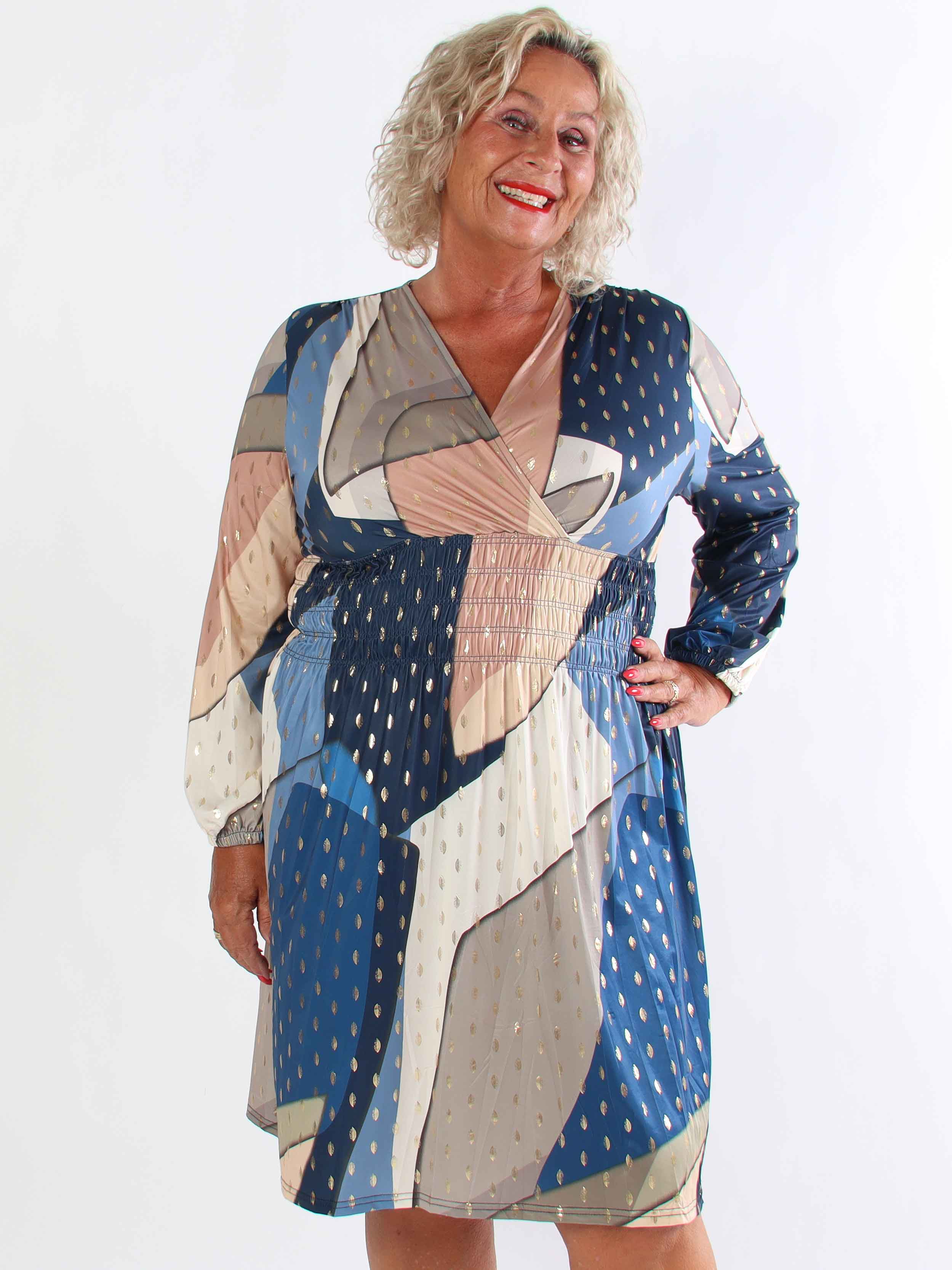 Pams Abstract Short L/S - Elastisk flerfarvet plus size kjole med guld detaljer
