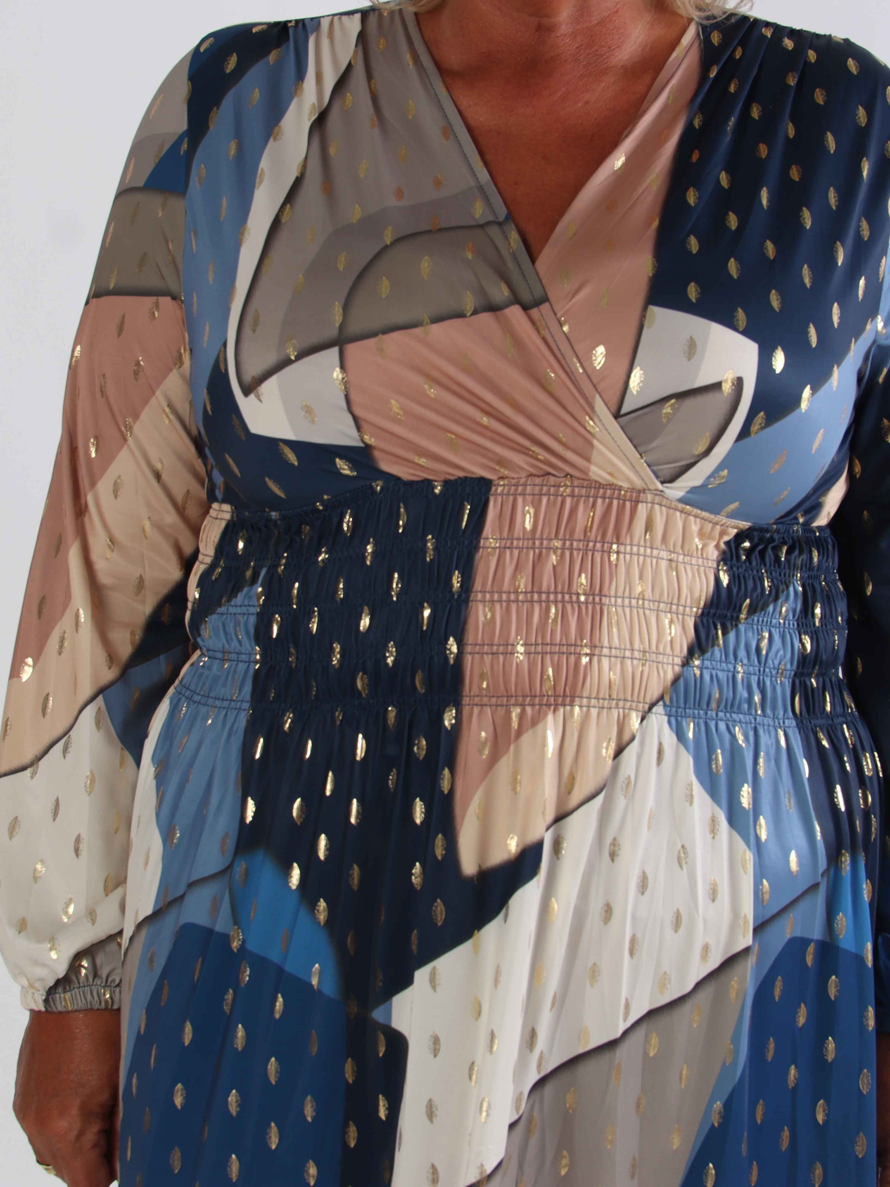 Pams Abstract Short L/S - Elastisk flerfarvet plus size kjole med guld detaljer