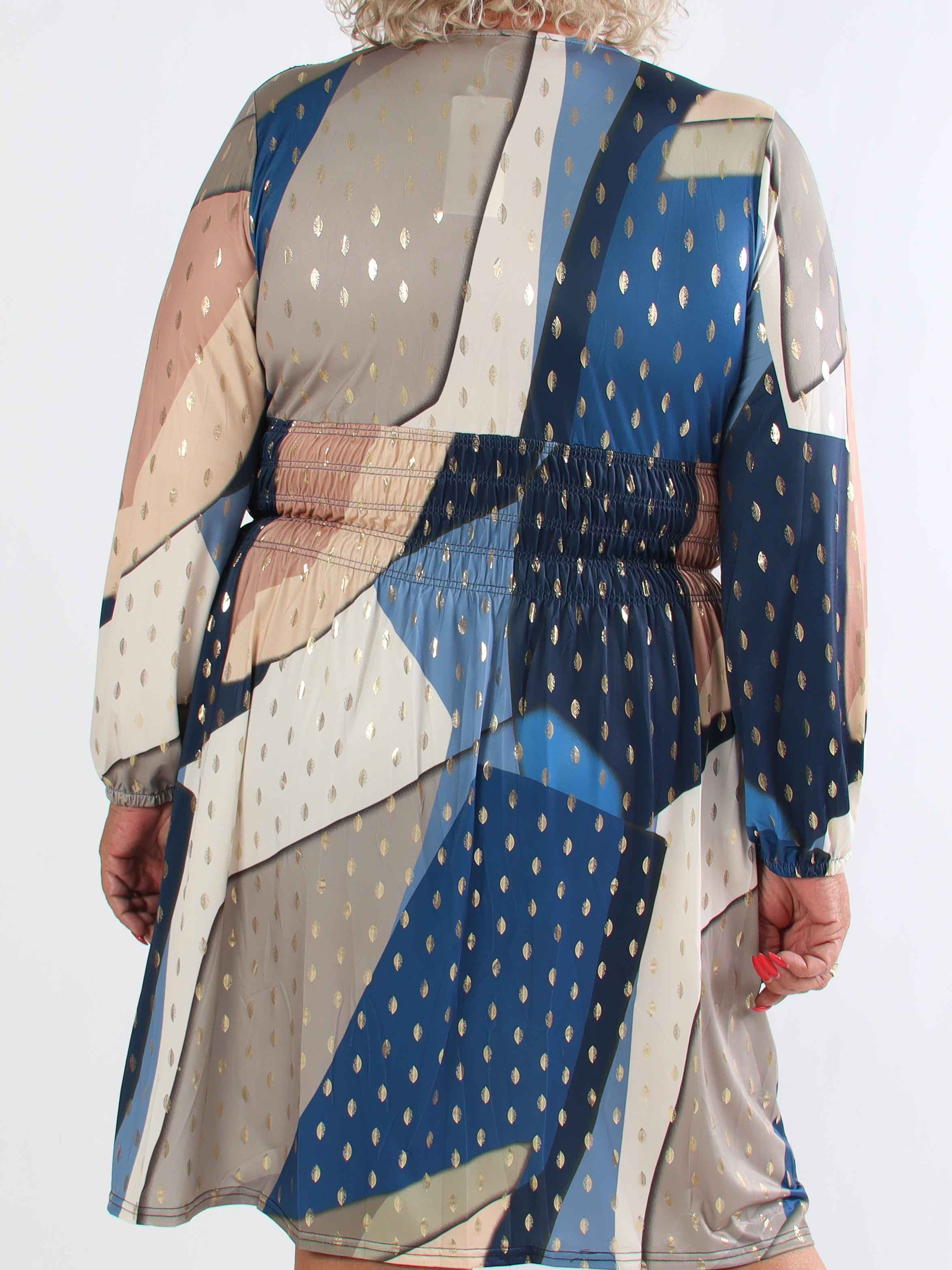 Pams Abstract Short L/S - Elastisk flerfarvet plus size kjole med guld detaljer