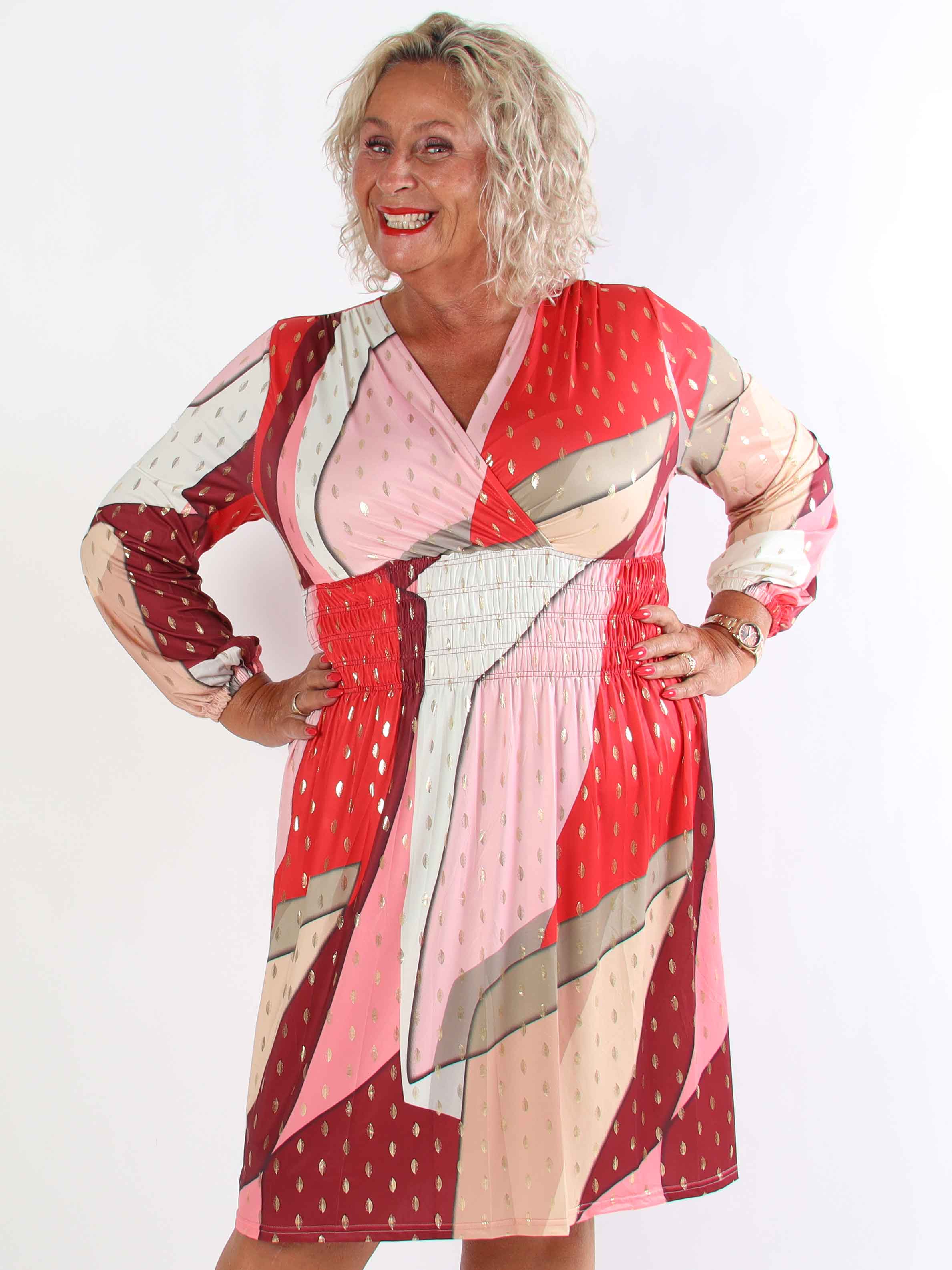 Pams Abstract Short L/S - Elastisk flerfarvet plus size kjole med guld detaljer