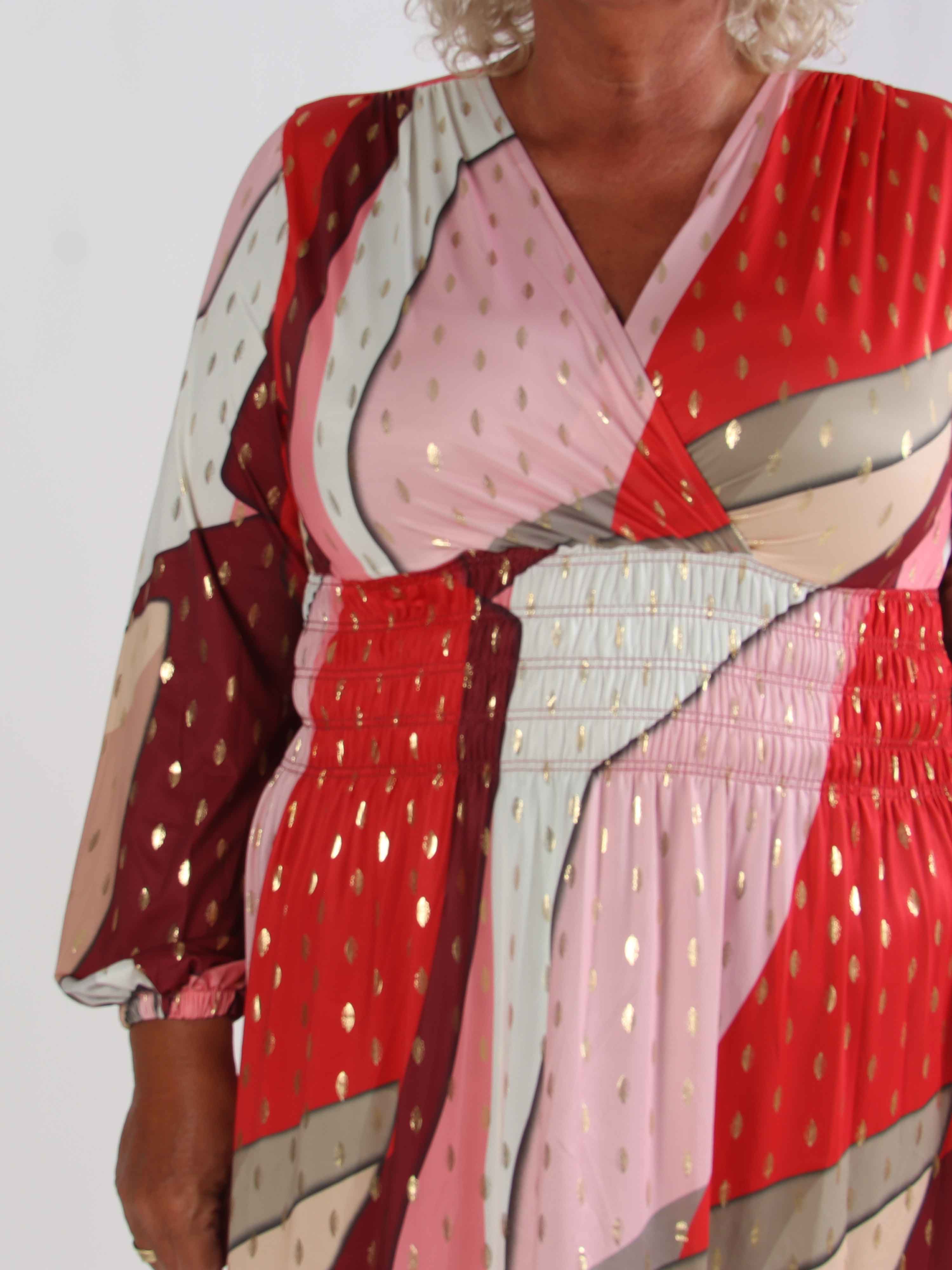 Pams Abstract Short L/S - Elastisk flerfarvet plus size kjole med guld detaljer