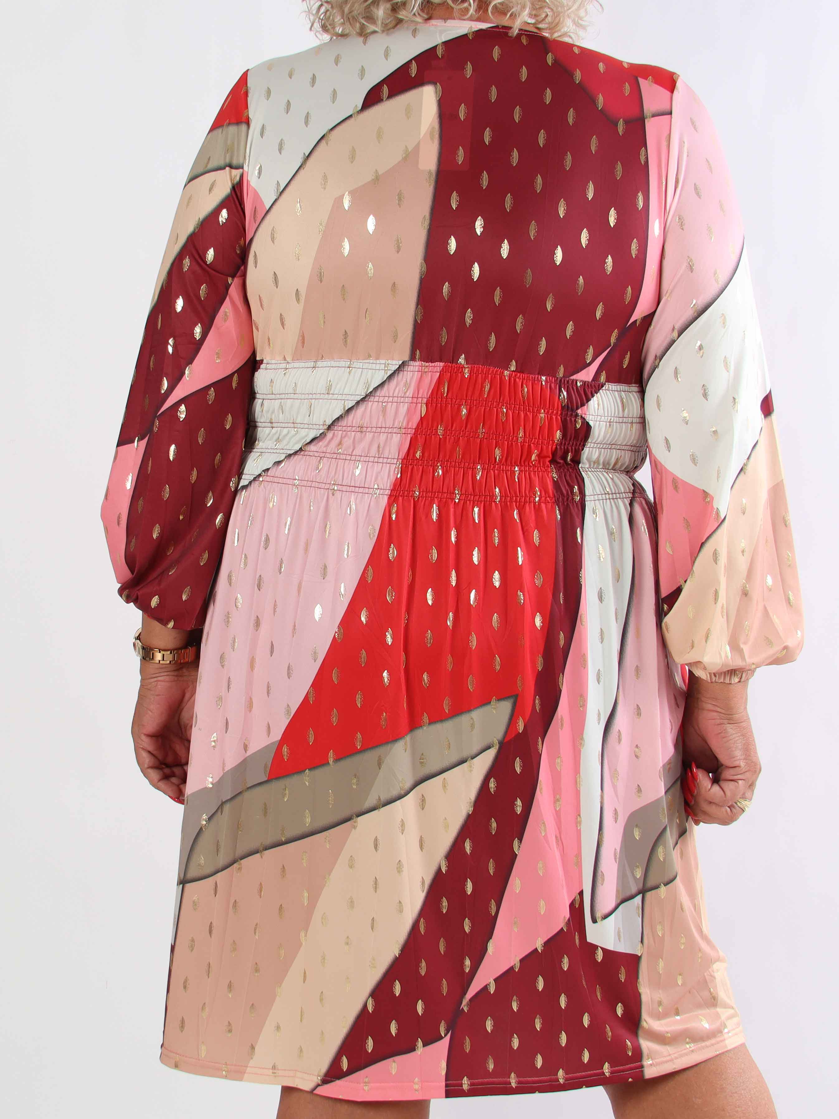 Pams Abstract Short L/S - Elastisk flerfarvet plus size kjole med guld detaljer