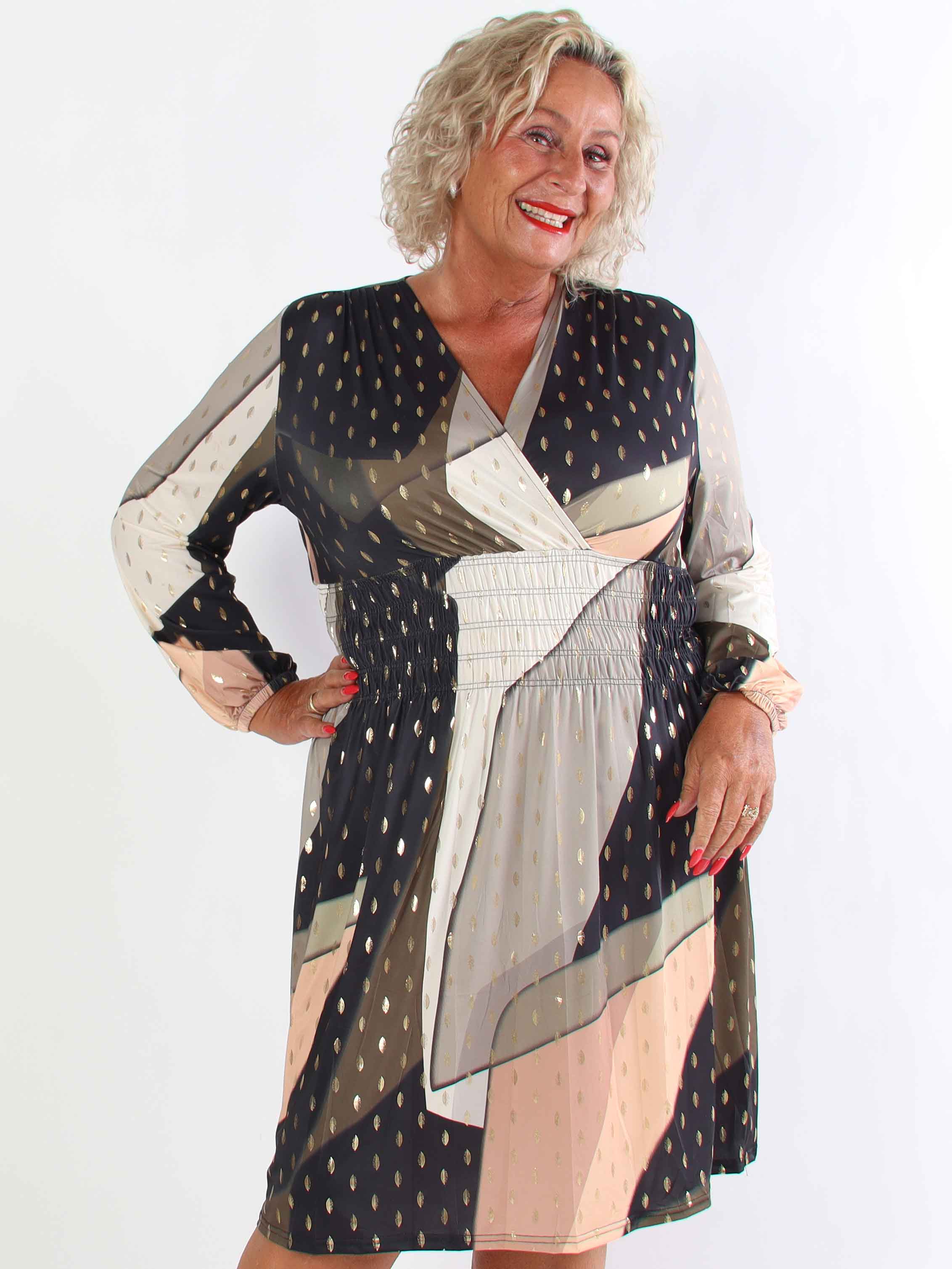 Pams Abstract Short L/S - Elastisk flerfarvet plus size kjole med guld detaljer