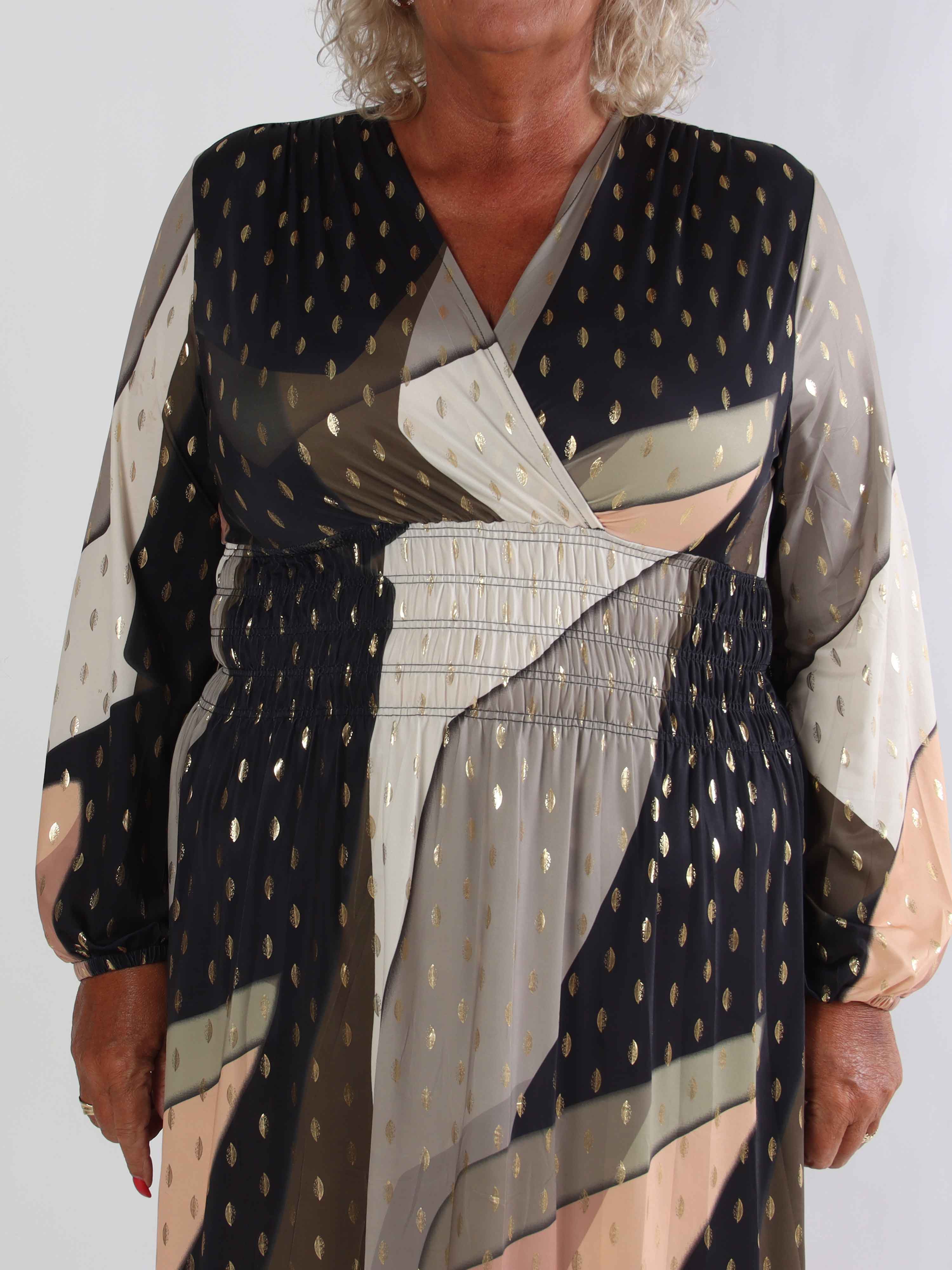 Pams Abstract Short L/S - Elastisk flerfarvet plus size kjole med guld detaljer