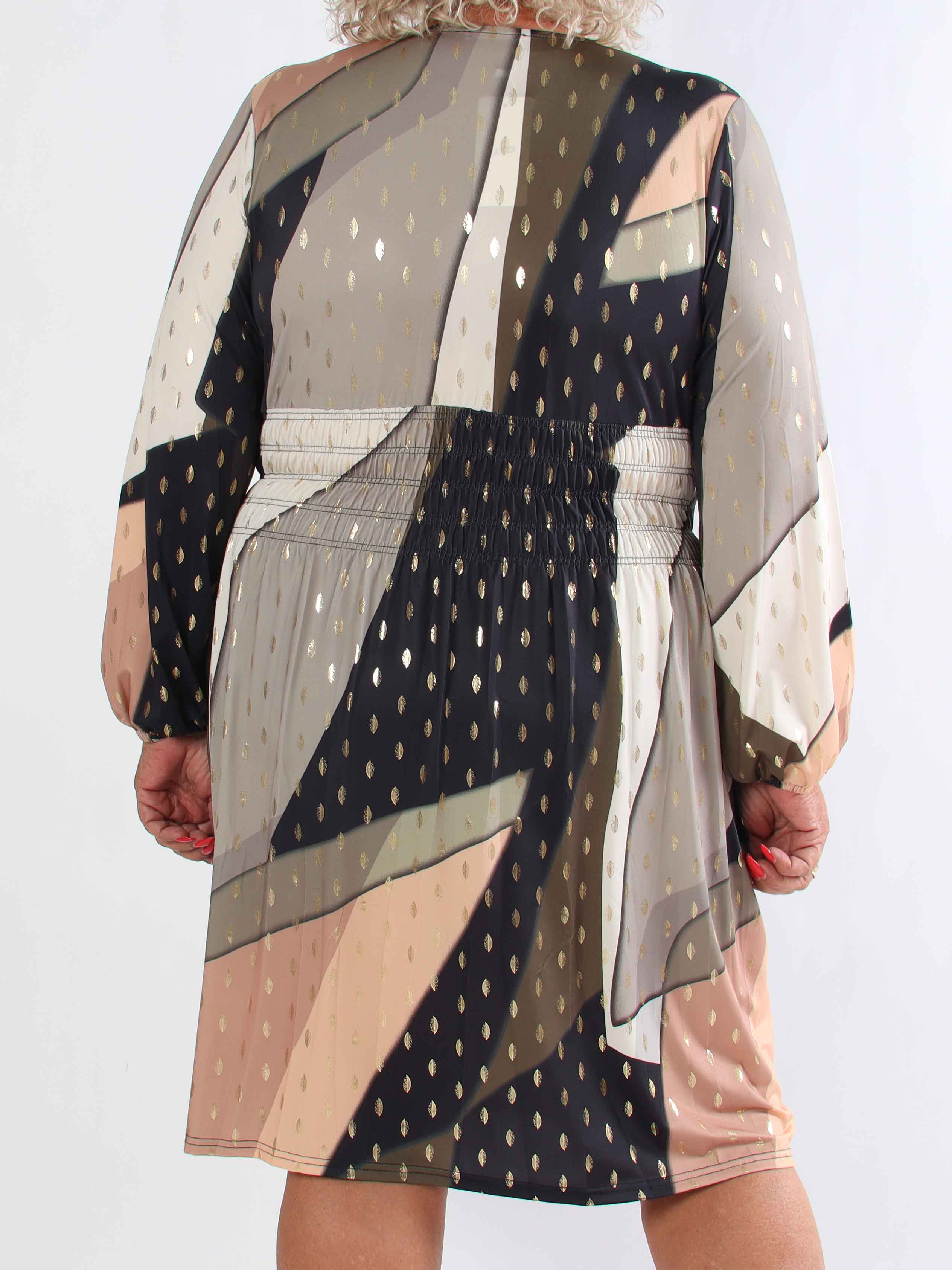 Pams Abstract Short L/S - Elastisk flerfarvet plus size kjole med guld detaljer