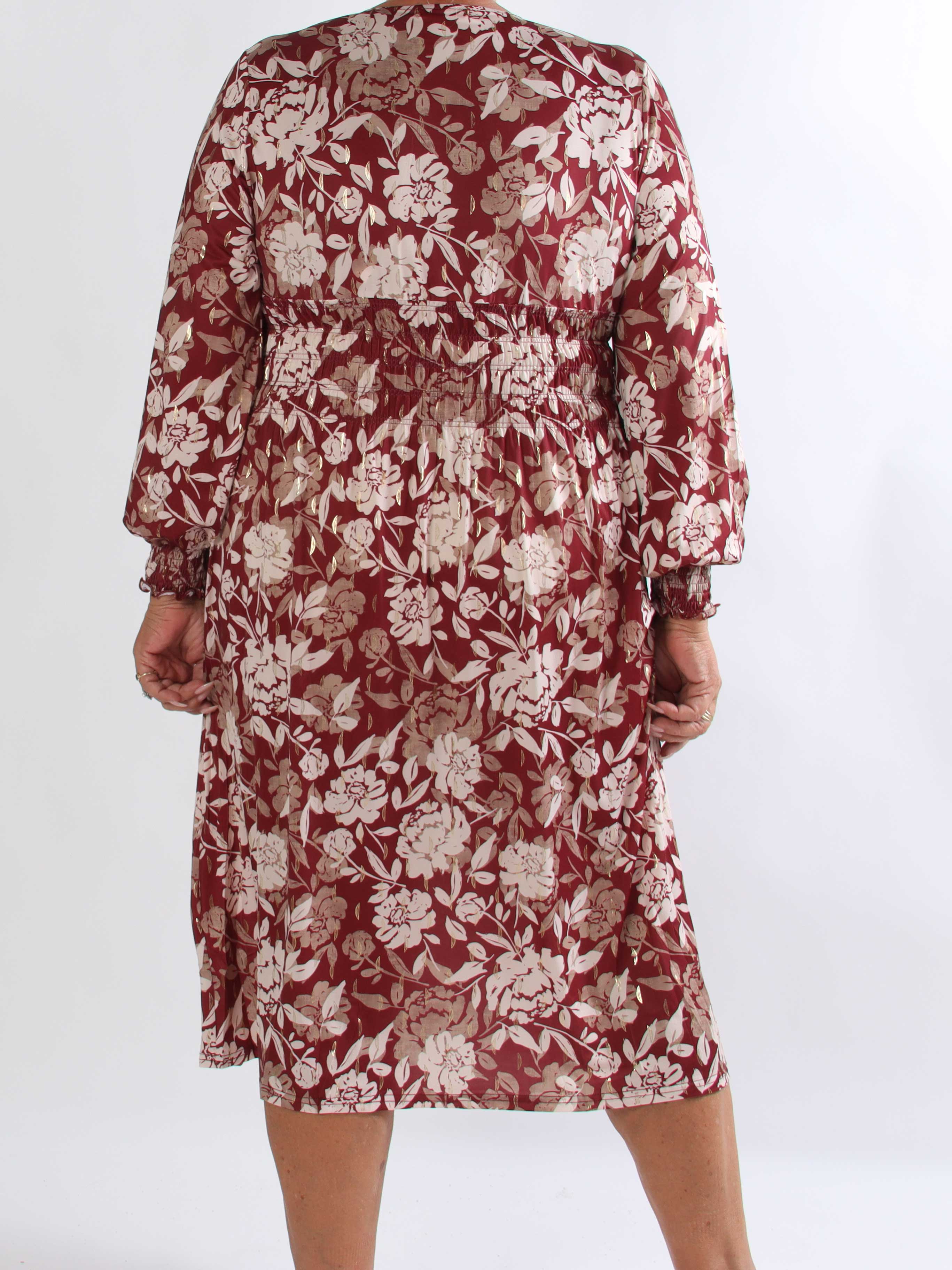 Pams Aroma Midi L/S - Elastisk plus size kjole i blomsterprint med elegante gulddetaljer