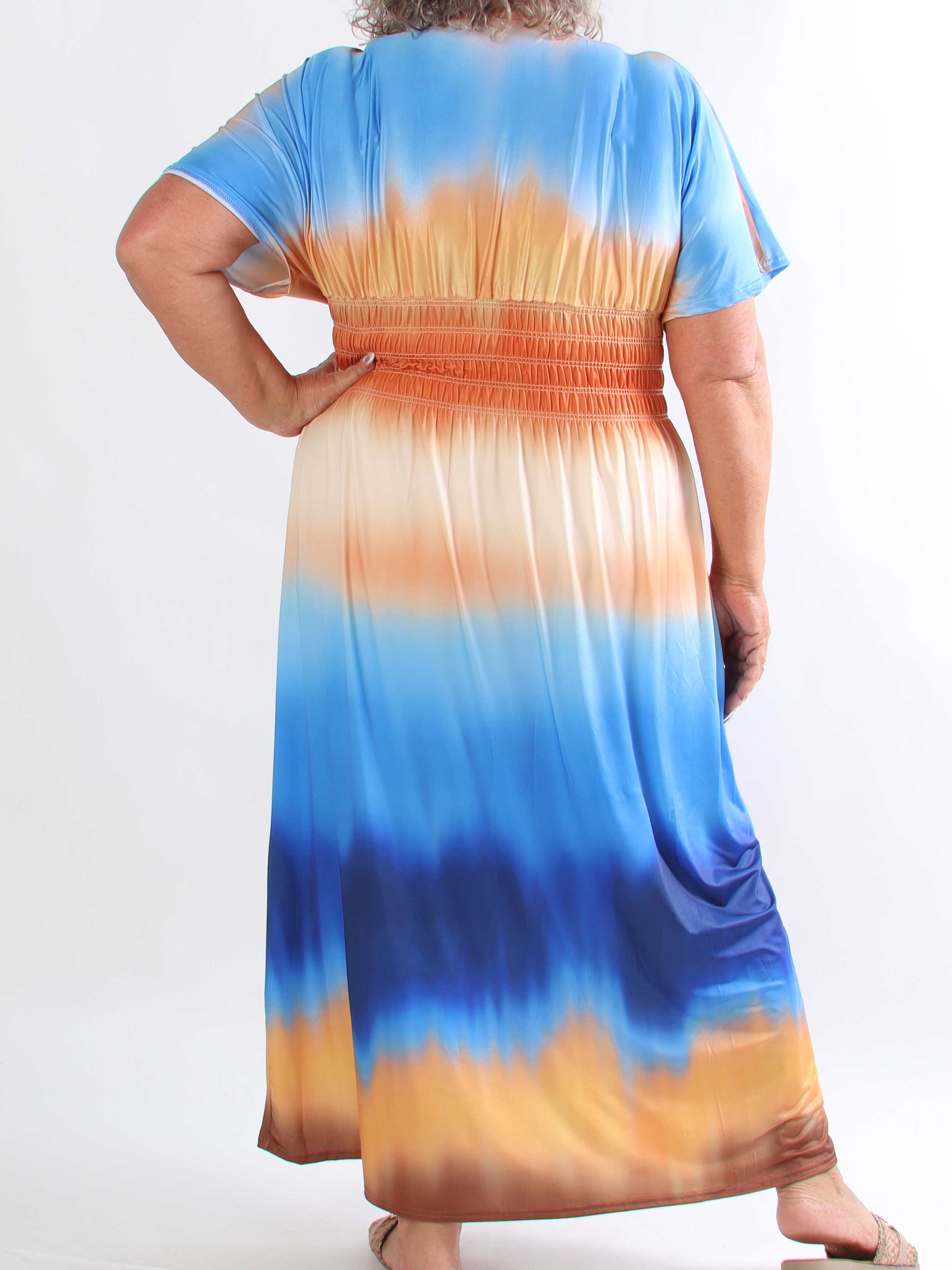 Pams Batik - Elastisk plus size flerfarvet kjole med smock i livet