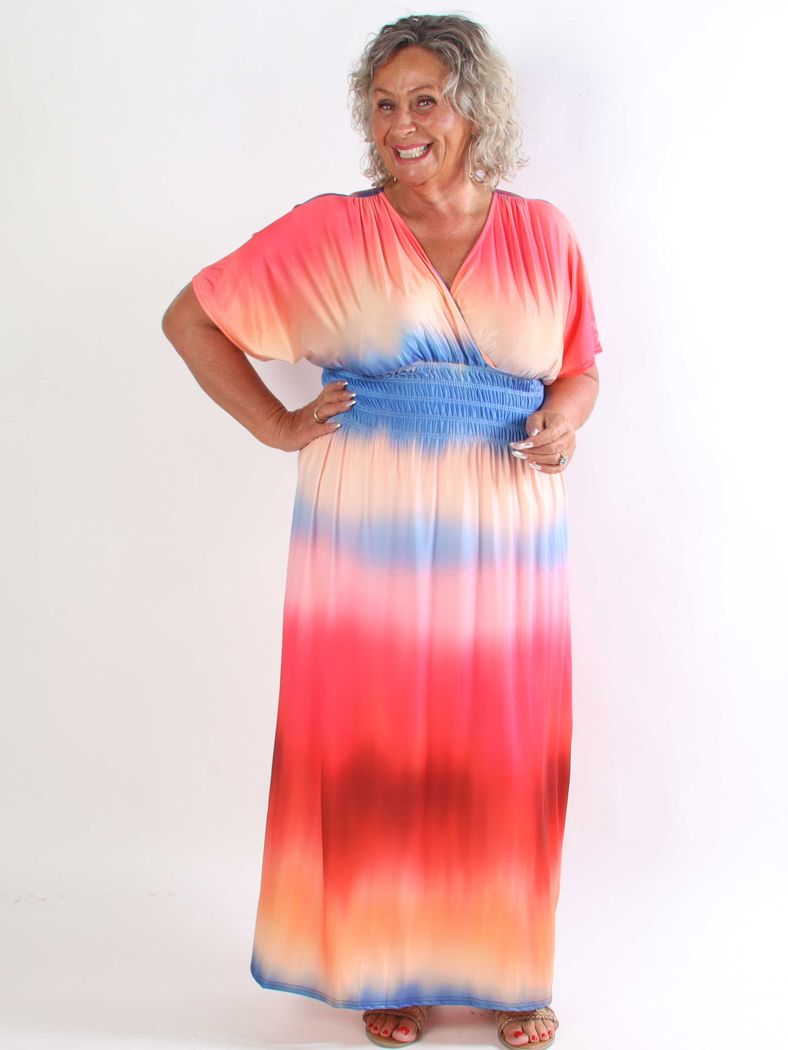 Pams Batik - Elastisk plus size flerfarvet kjole med smock i livet