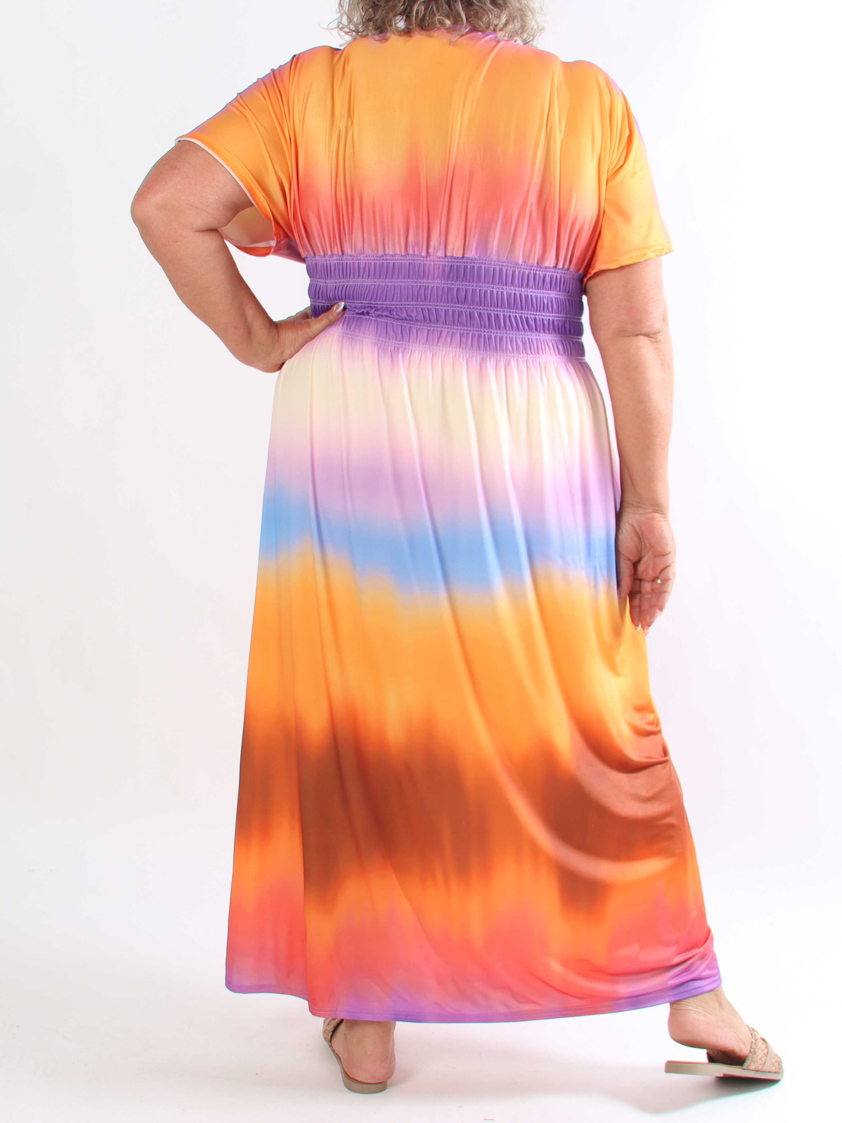 Pams Batik - Elastisk plus size flerfarvet kjole med smock i livet