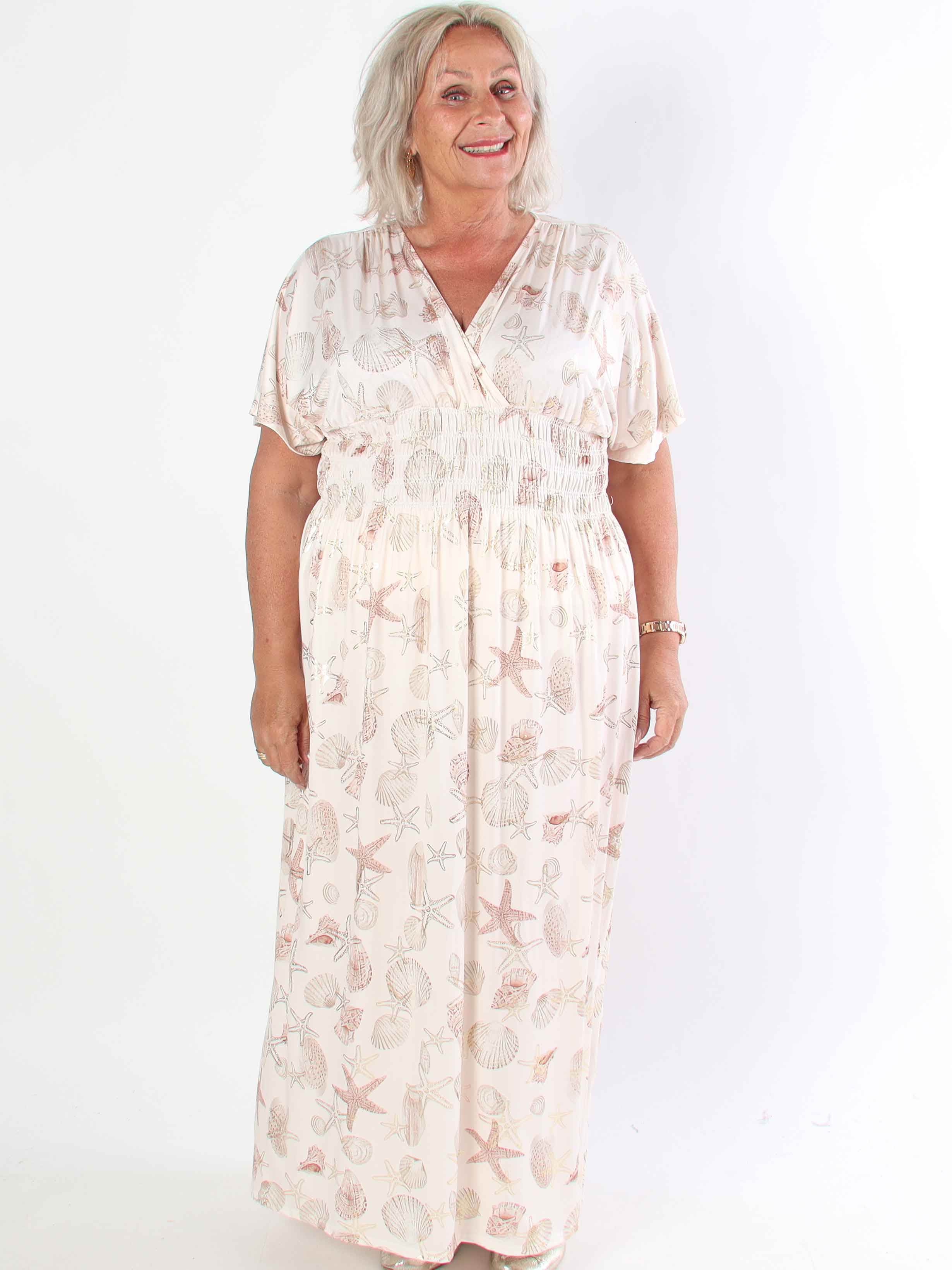 Pams Beach - Lang elastisk plus size kjole med muslinge motiver