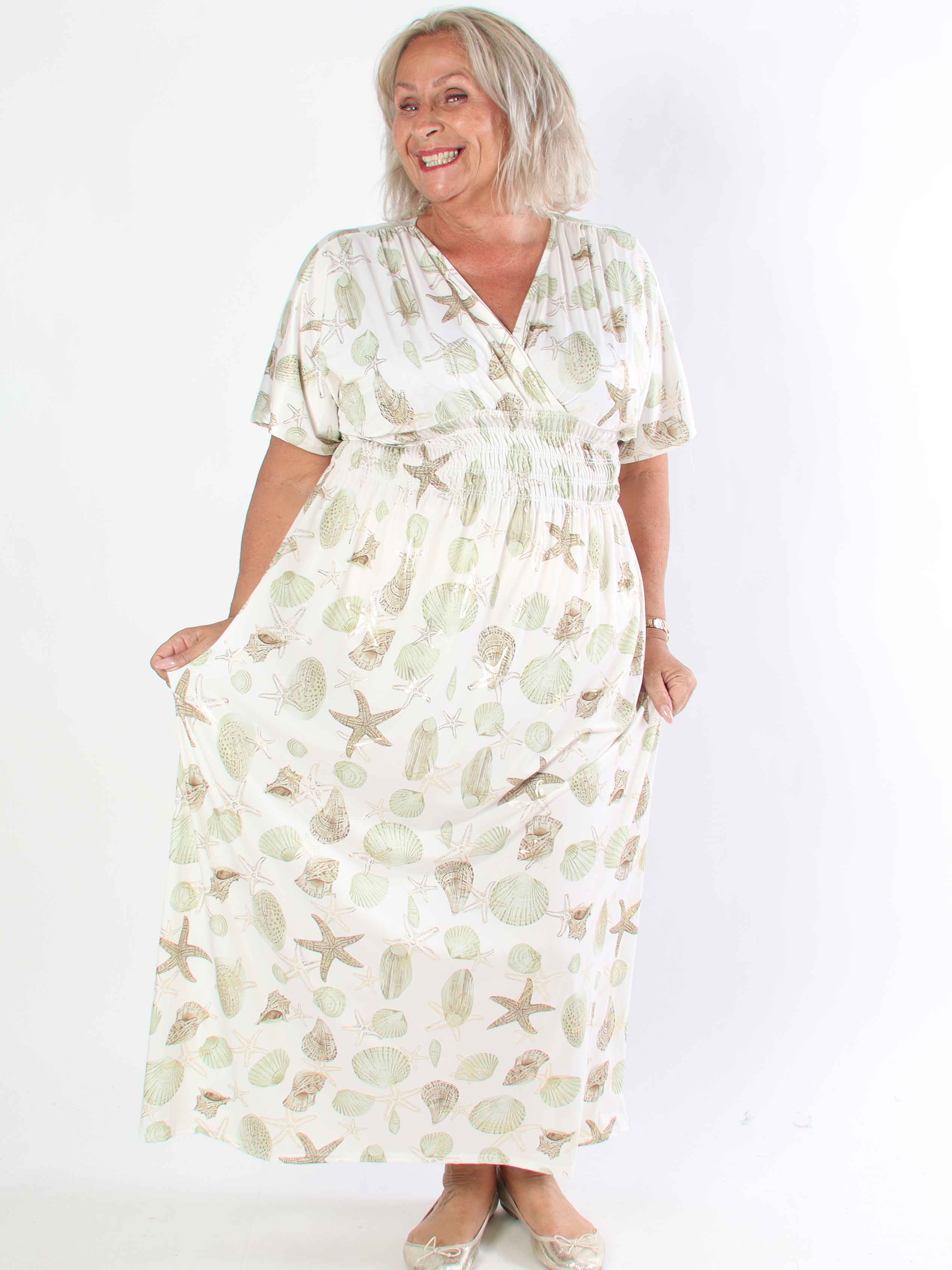 Pams Beach - Lang elastisk plus size kjole med muslinge motiver