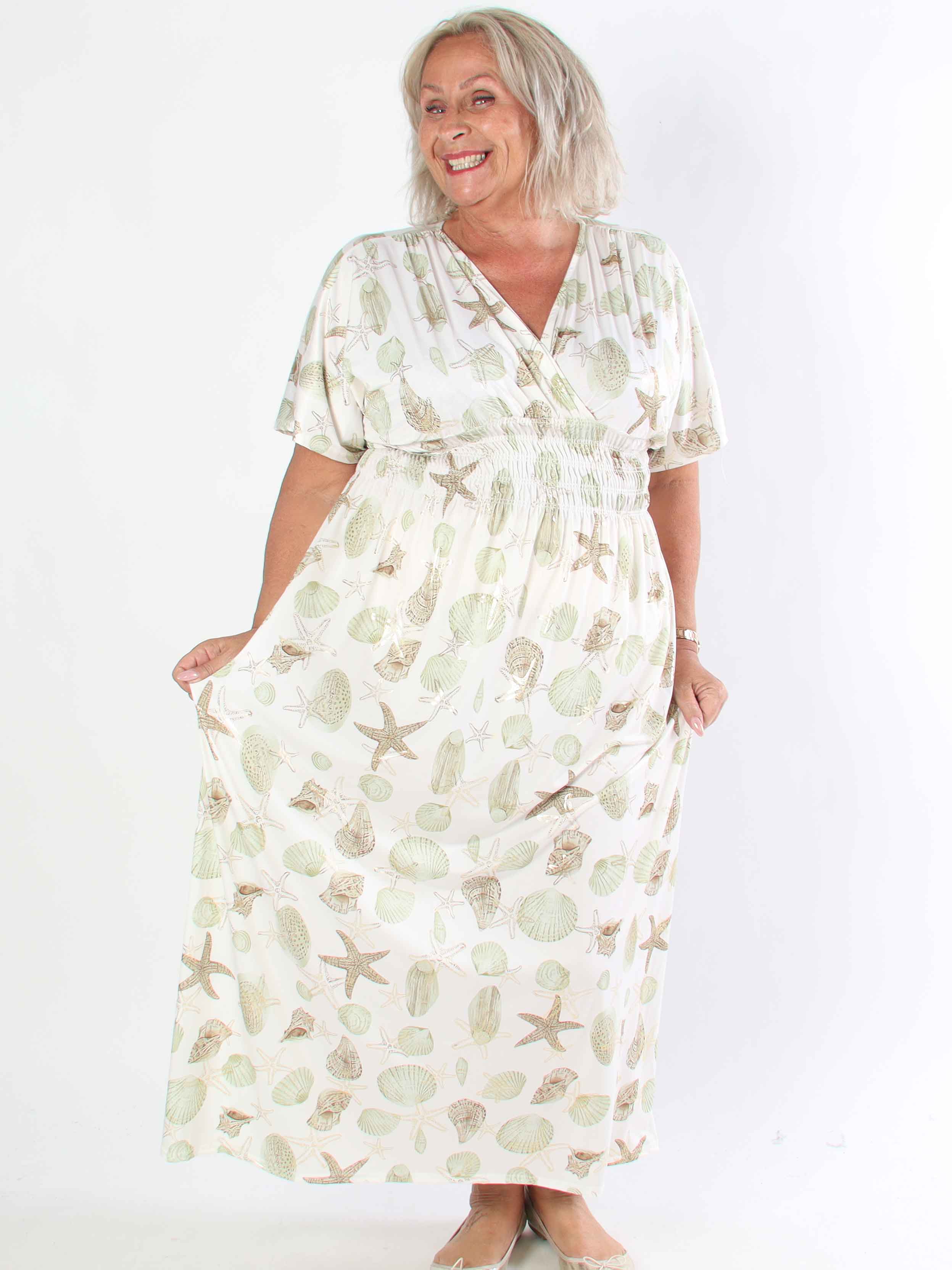 Pams Beach - Lang elastisk plus size kjole med muslinge motiver