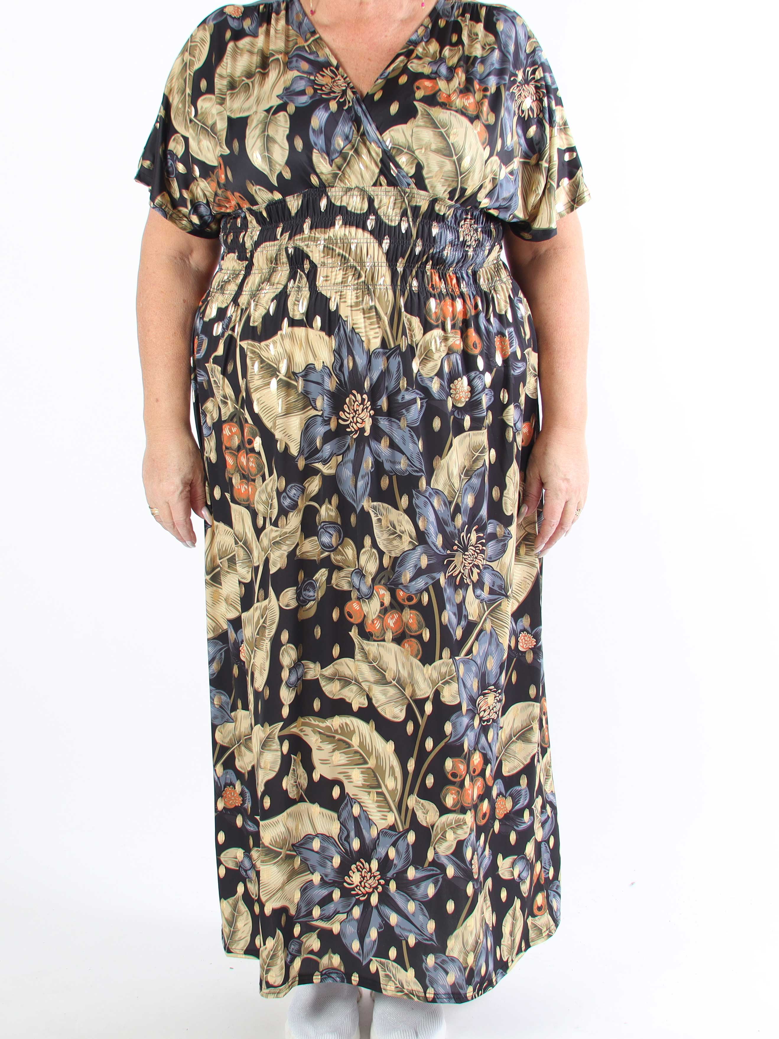 Pams Berry - Lang plus size elastisk kjole med smock i livet