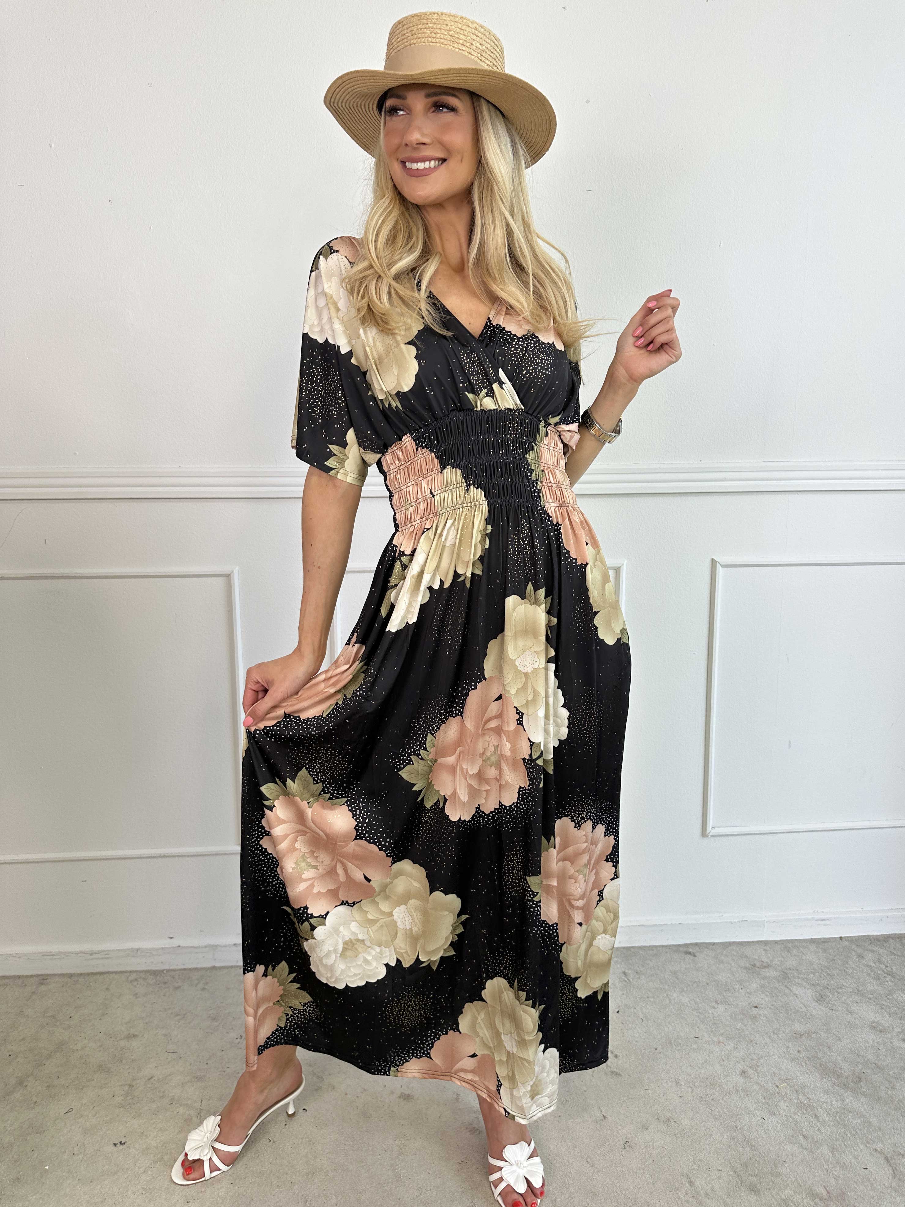 Pams Big Flower - Lang elastisk kjole med blomster motiver