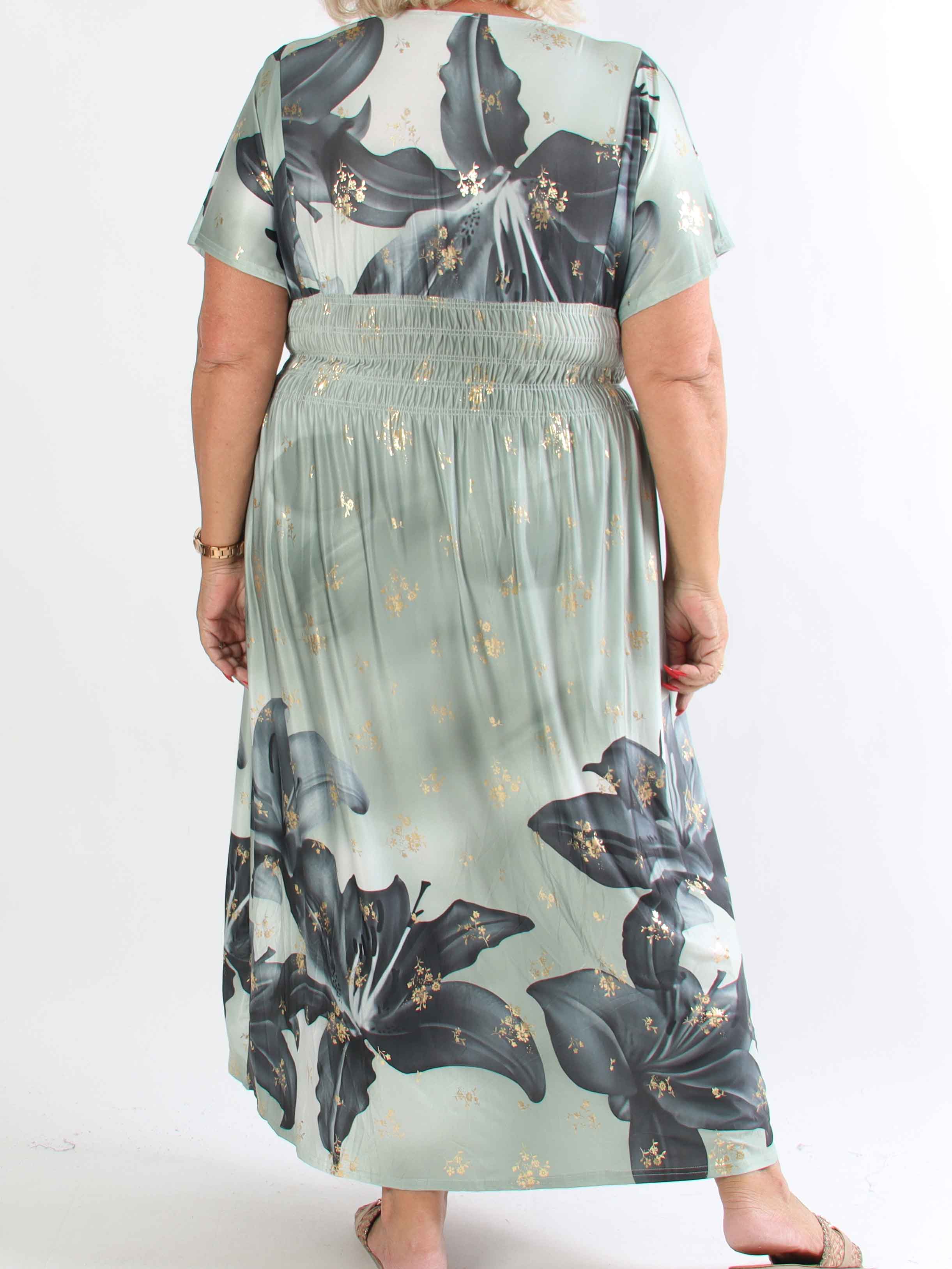 Pams Big Lily - Elastisk plus size kjole med store liljer og guld detaljer