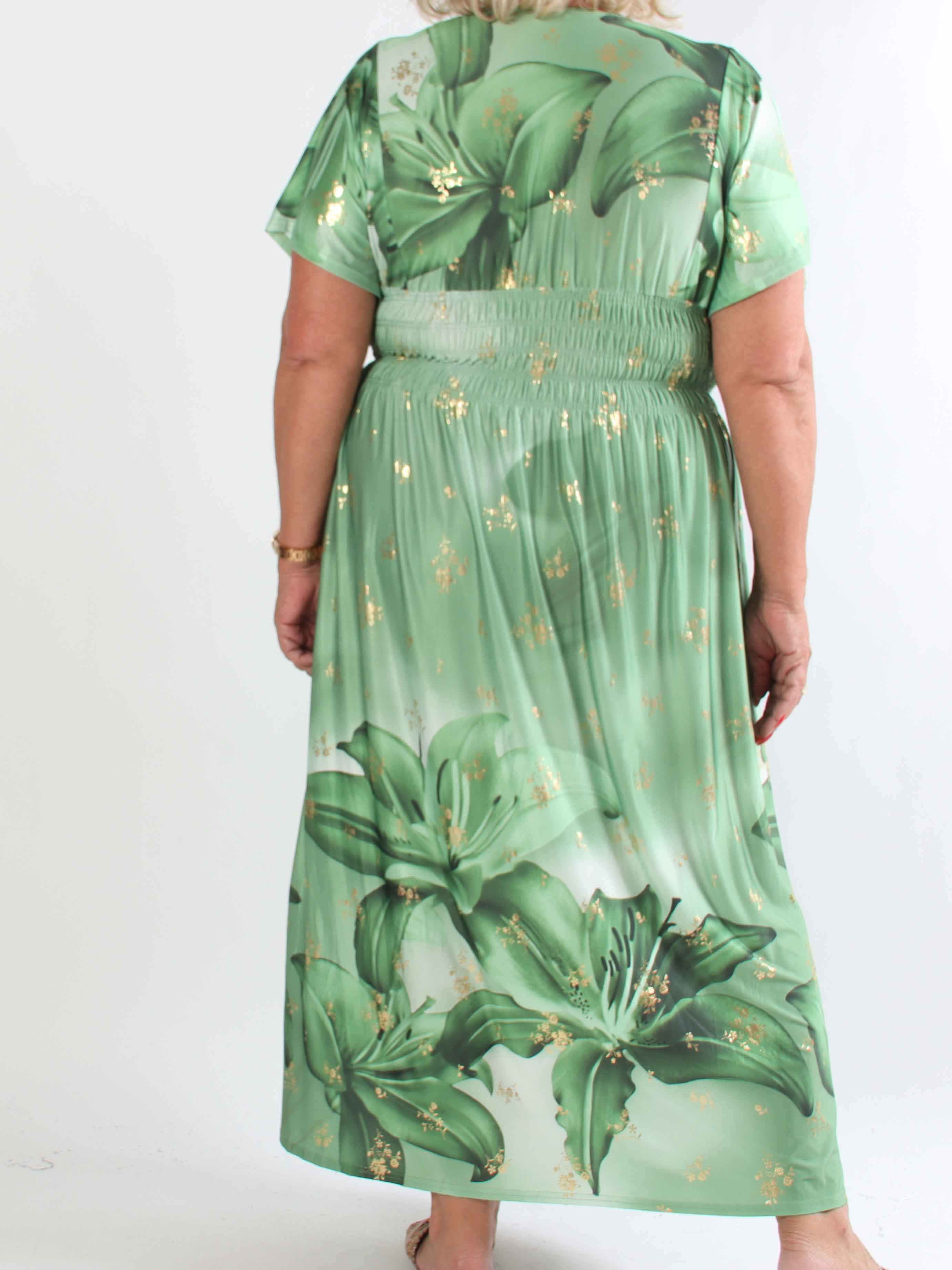 Pams Big Lily - Elastisk plus size kjole med store liljer og guld detaljer