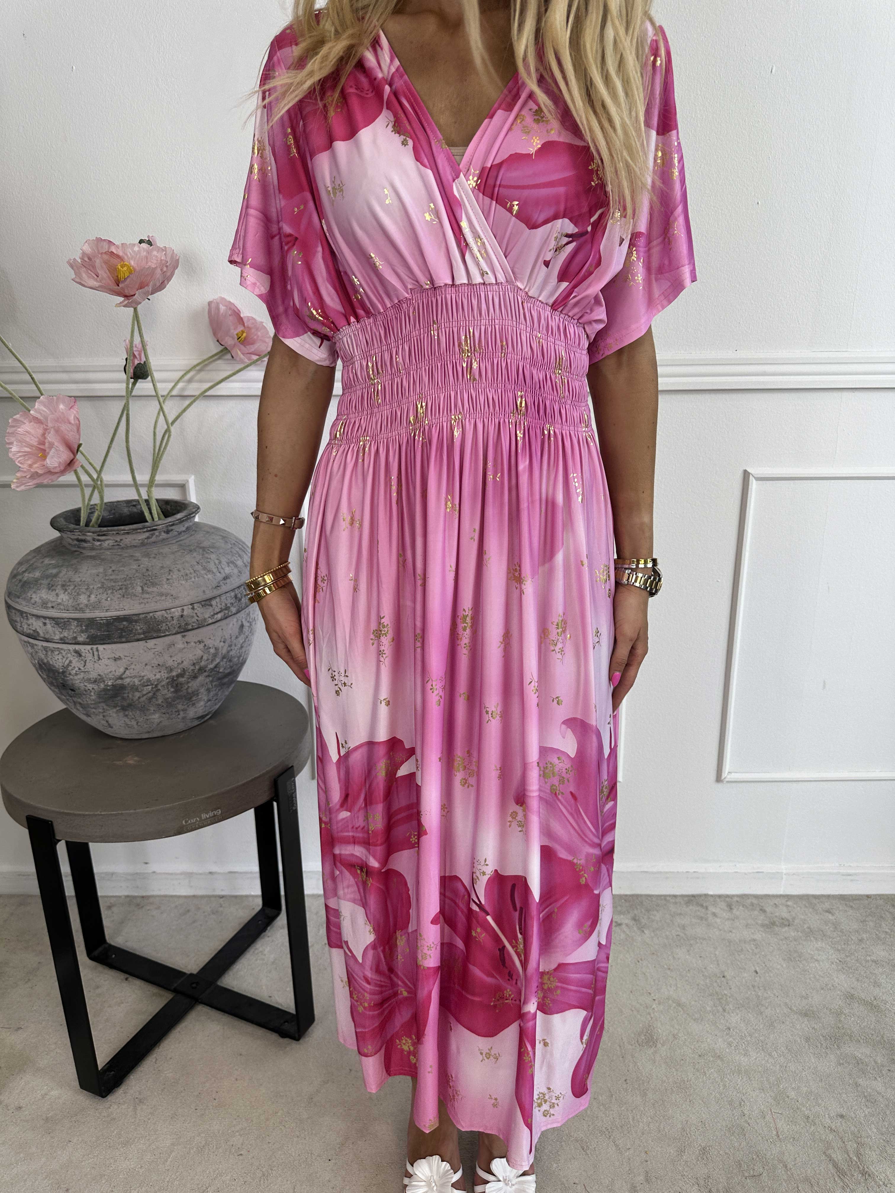 Pams Big Lily - Elastisk kjole med store liljer og guld detaljer