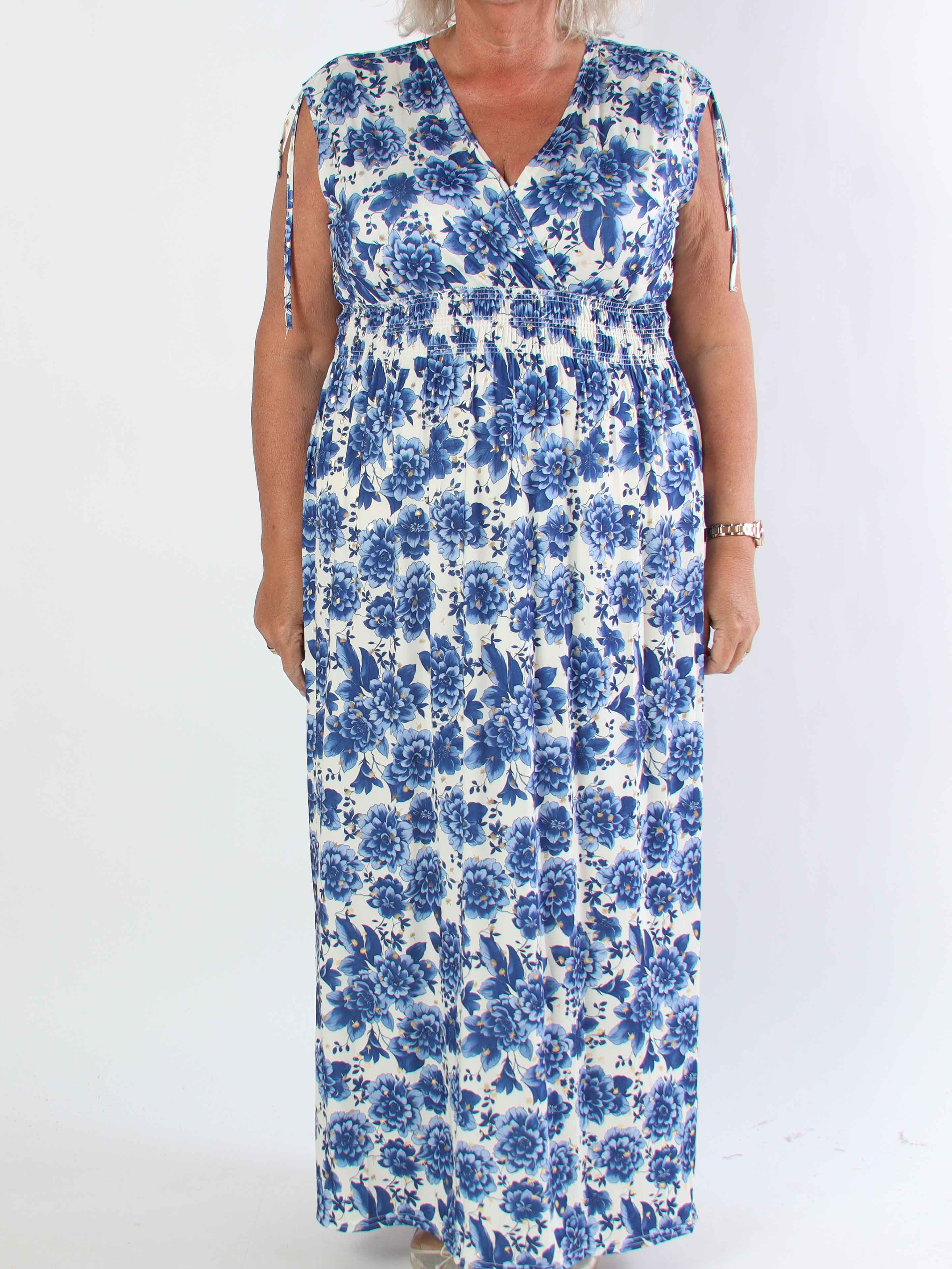 Pams Blossom Sleeveless - Lang plus size elastisk kjole i blomsterprint