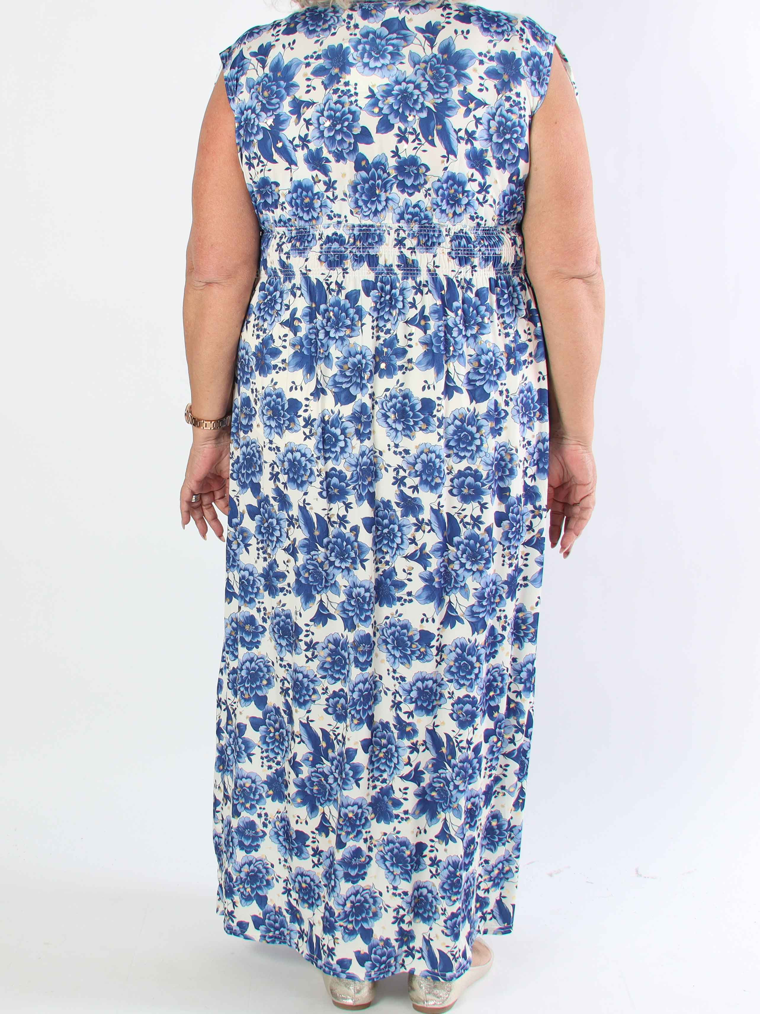 Pams Blossom Sleeveless - Lang plus size elastisk kjole i blomsterprint