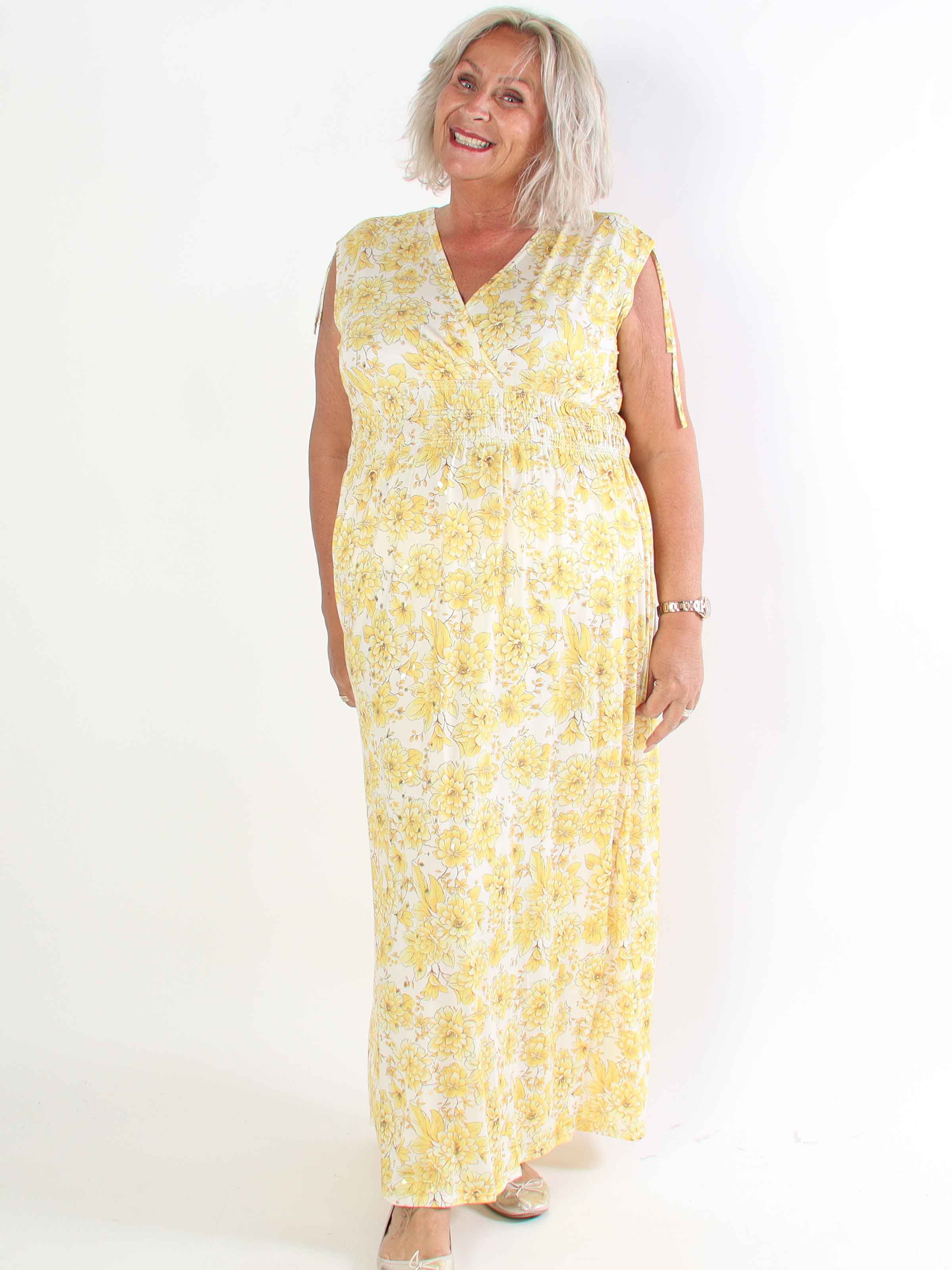 Pams Blossom Sleeveless - Lang plus size elastisk kjole i blomsterprint